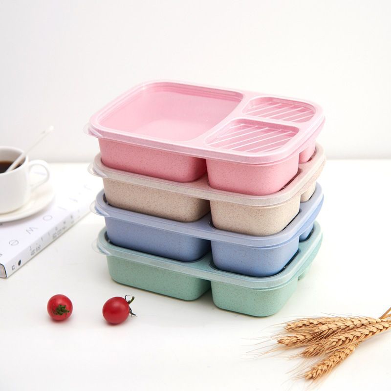 4 Pack Bento Lunch Box Compartment Wheat Straw Meal Prep Food Storage Containers Plastic, Microwave and Dishwasher Safe