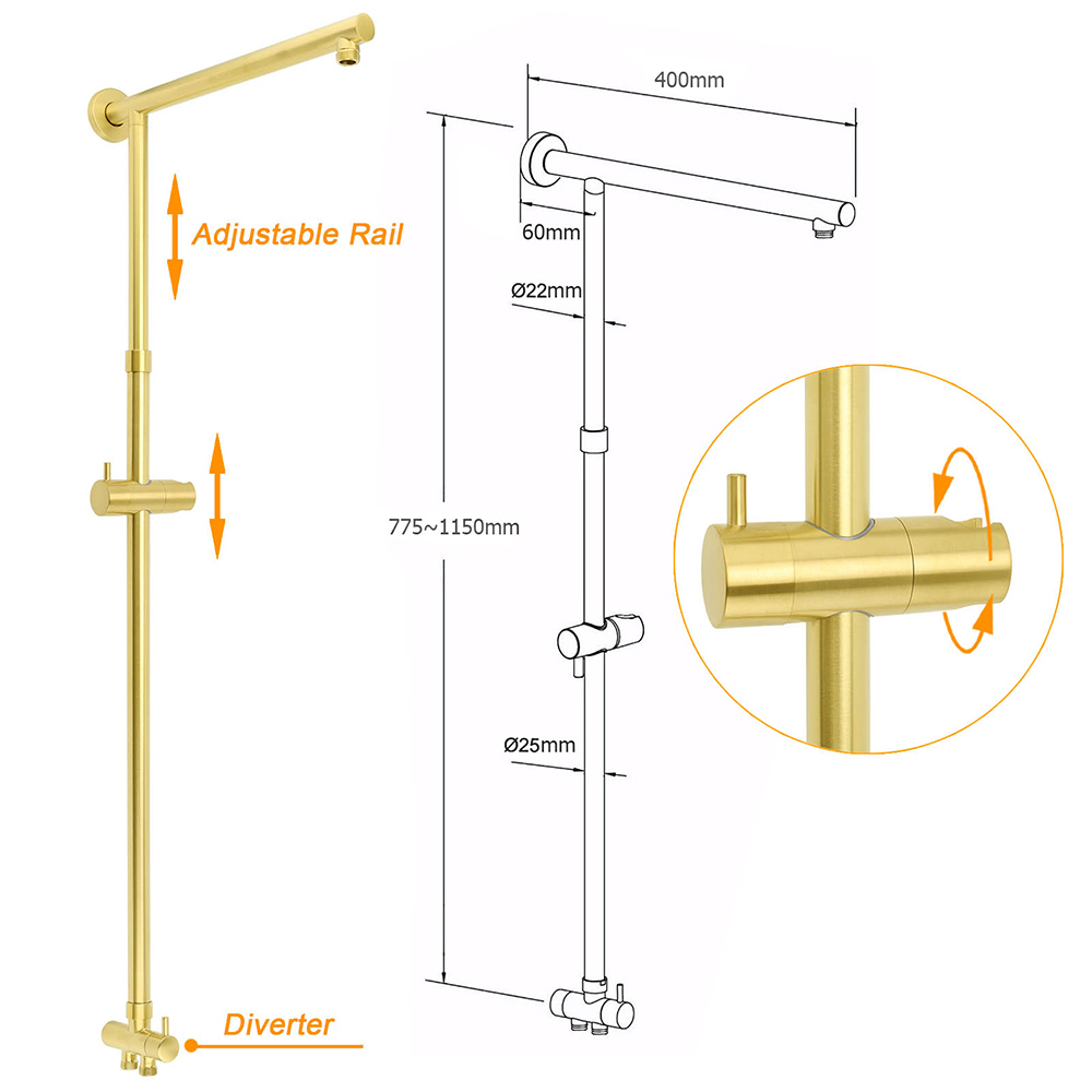WELS Brushed Gold Shower 8" Round Head Stainless Steel Handheld Rose Sliding Rail Mixer Dual Set โ image 3