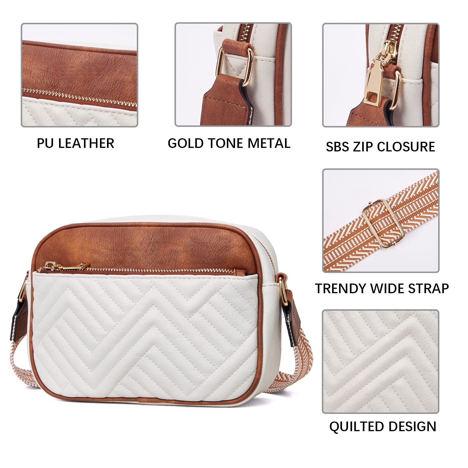 Double Zipper Black White Brown Chic Quilted Crossbody Bag - Vintage PU Leather Shoulder Purse with Adjustable Strap — image 3