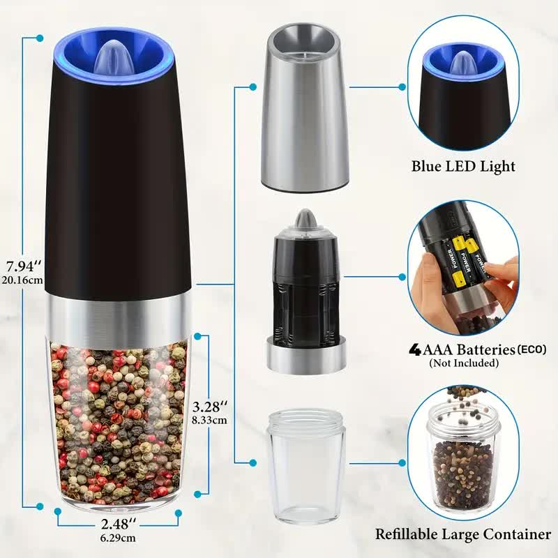 Gravity Electric Salt and Pepper Grinder Set, Battery Powered LED Light One Hand Automatic Operation, Adjustable Coarseness Mill Grinders Shakers