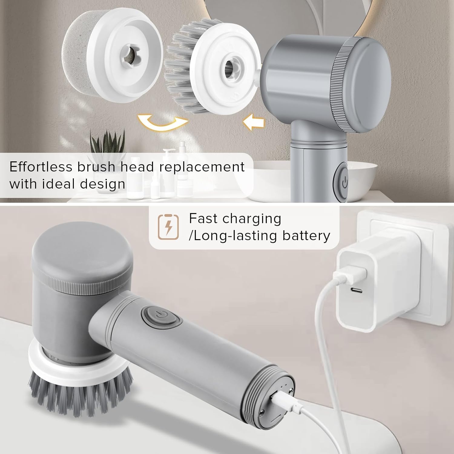 Cordless Electric Spin Scrubber with 5 Brush Heads and USB Rechargeable Battery for Bathrooms, Tiles, Grout and Kitchens, White — image 3