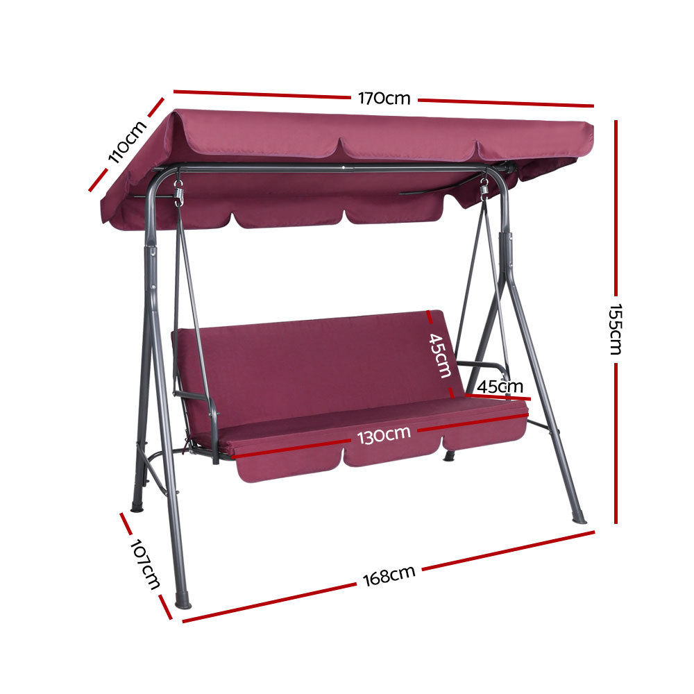 Gardeon Outdoor Swing Chair Garden Bench Furniture Canopy 3 Seater Wine Red โ image 2