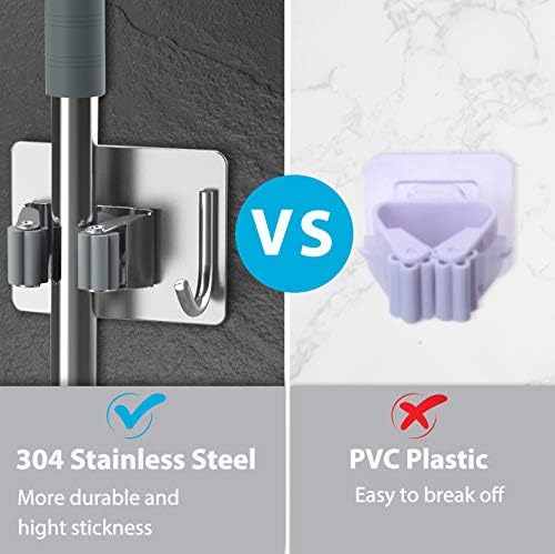Mop Broom Holder No Drill, Mop Broom Organizer Wall Mounted Heavy Duty with Hooks Hanger, Self Adhesive Stainless Steel 4Pcs for Bathroom, Kitchen, Office โ image 2