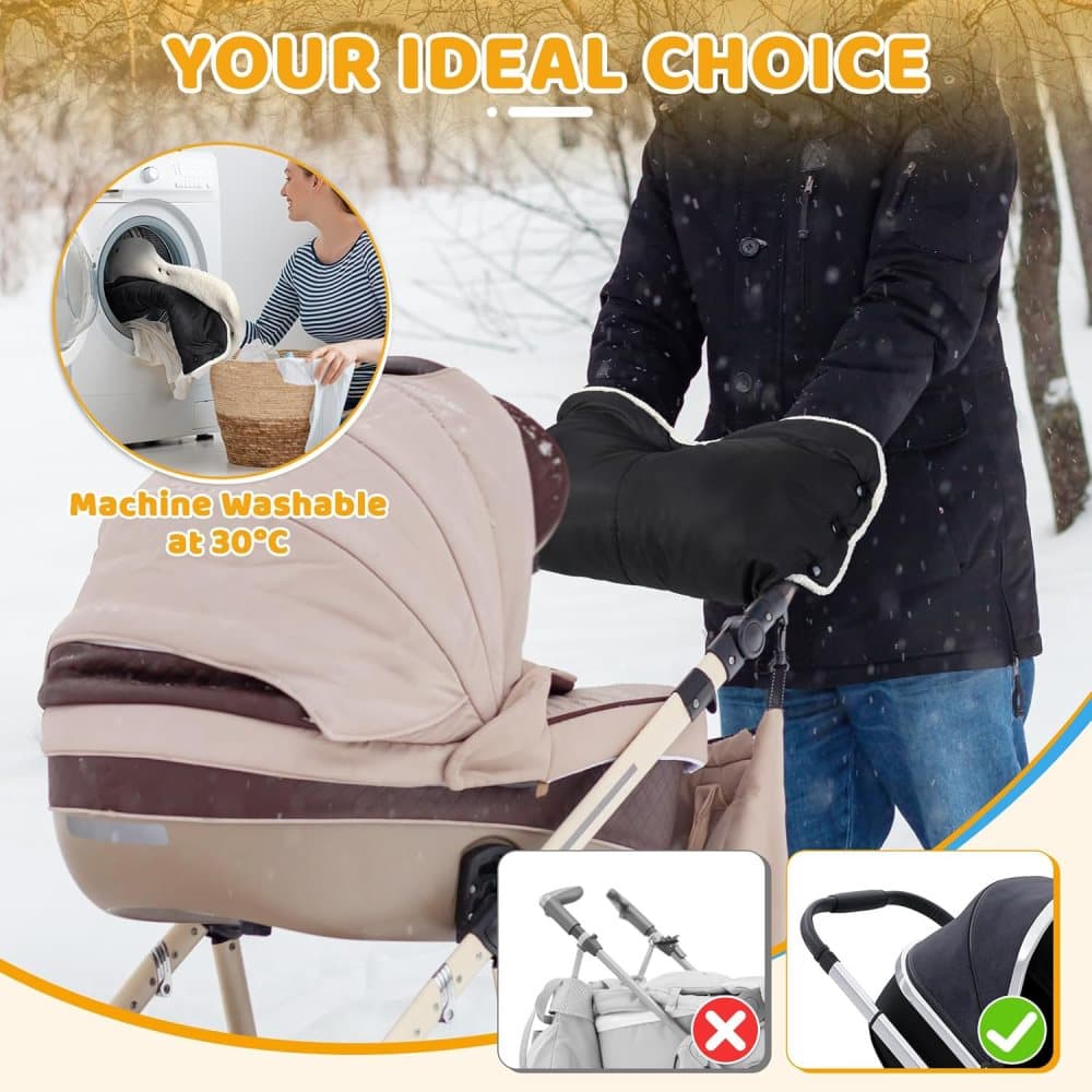 Waterproof Stroller Gloves Winter Hand Warmer with Fur, Black, Compatible with Stroller — image 2