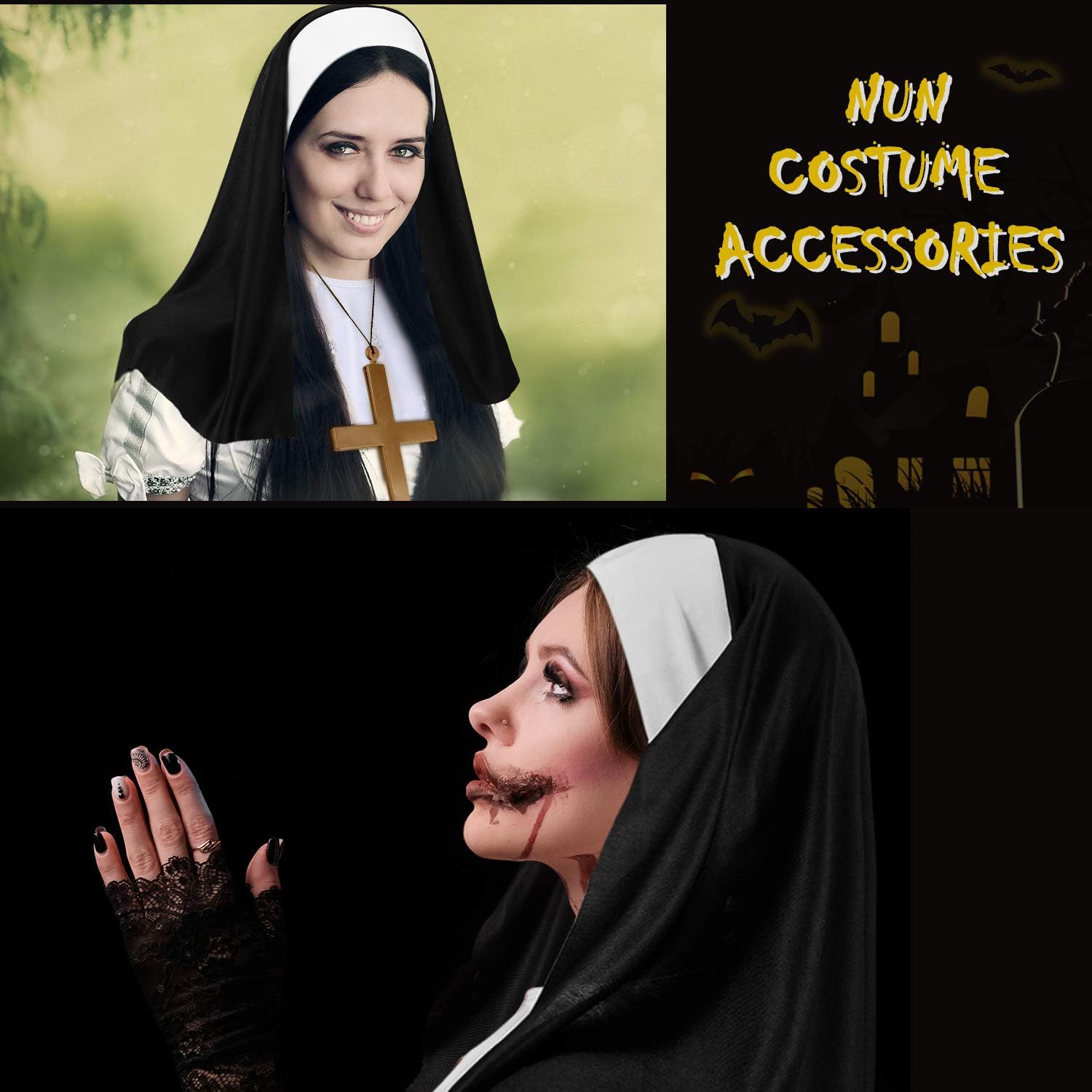 2 Sets Halloween Nun Costume Set Plastic Gold Cross Nun Habit Costume Set Hat White Collar Gold Cross Pendant for Woman โ image 3