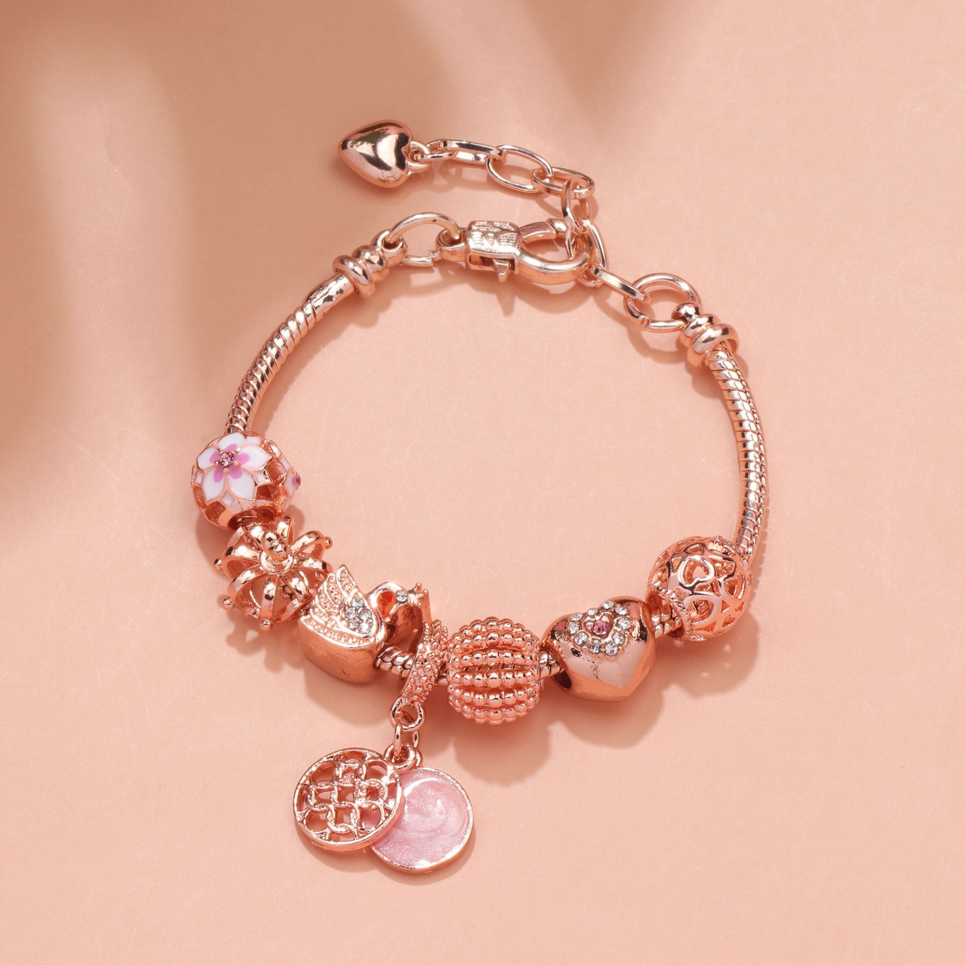 Hollow Crystal-Encrusted Swan Crown Flower Heart Bracelet(rose gold, 17cm) — image 5