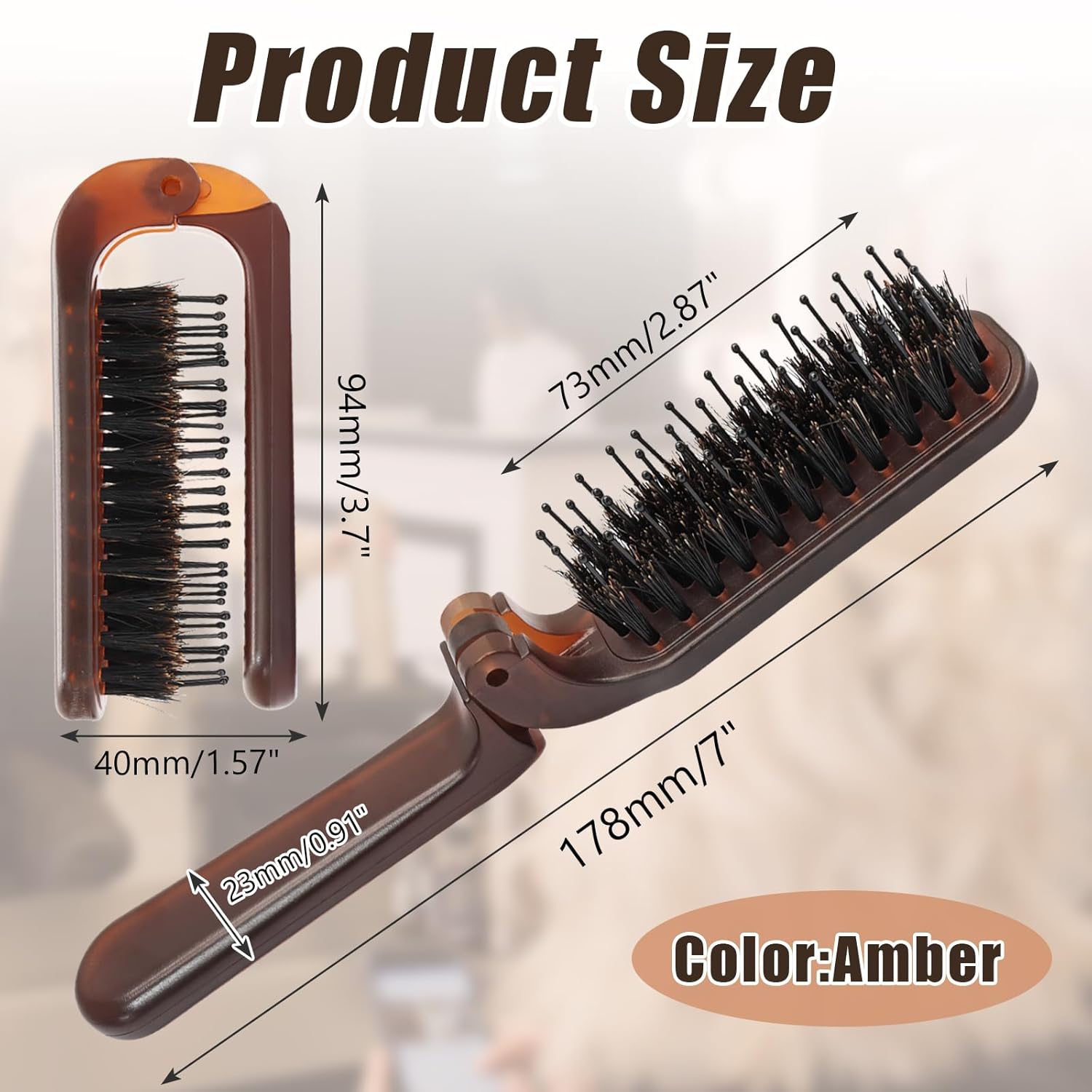 Biaungdo 2 Pack Foldable Hair Brush, Boar Bristle Hair Brush for Women & Men, Mini Travel Hairbrush Portable Collapsible Pocket Comb for Any Hair Types (Amber) — image 4