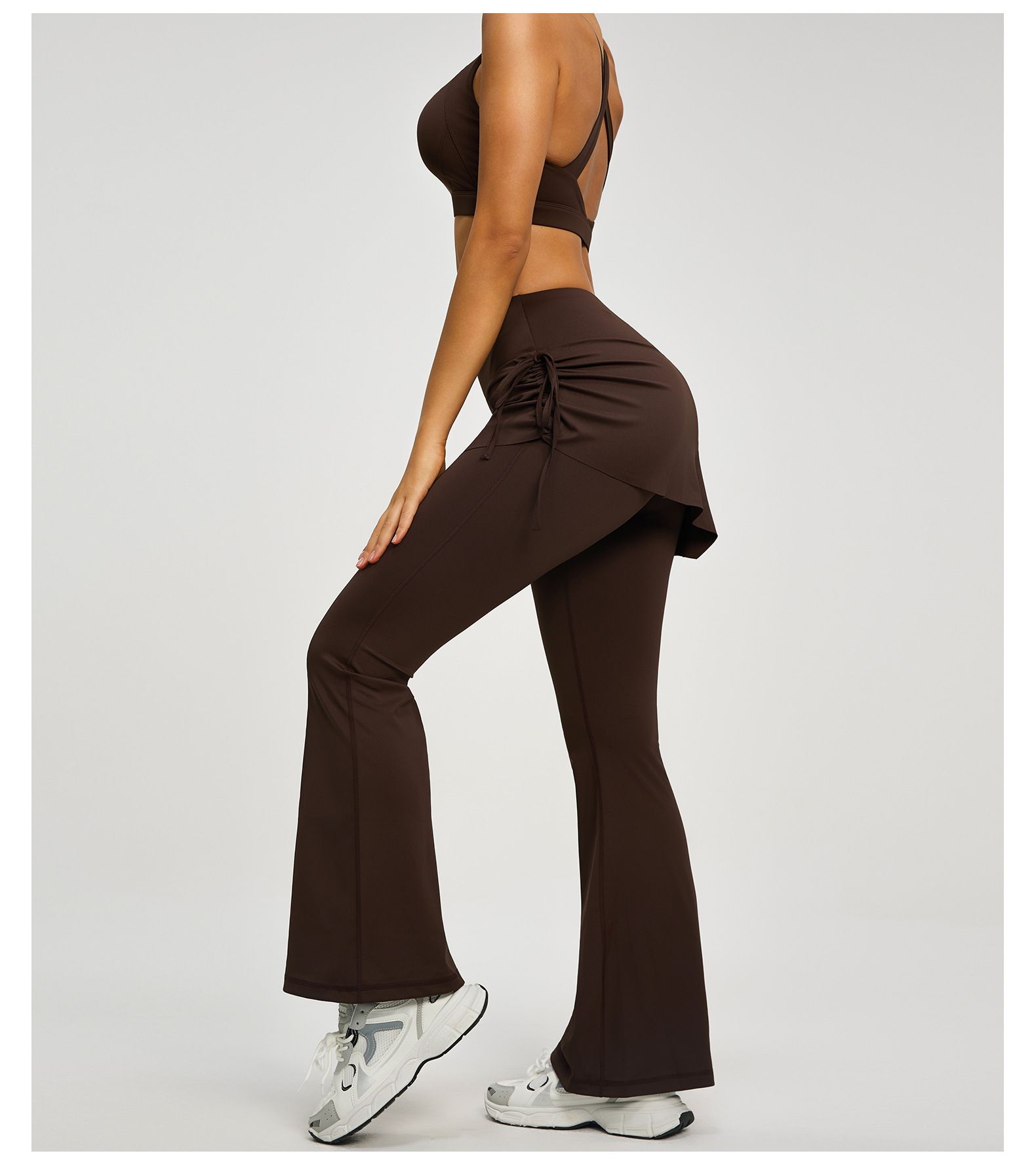 Women's High Waist Skirted Flare Yoga Pants with Adjustable Ruched Drawstring (L size)- Coffee brown Faux Two Piece Bootcut Leggings for Pilates, Gym โ image 4