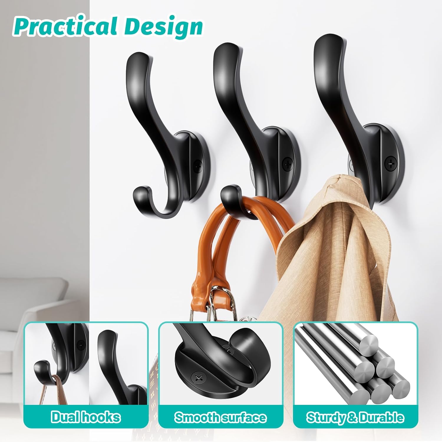 Coat Hooks Heavy Duty - Wall Mount Metal Towel Hooks Screw-in Wall Hooks for Hanging Hat, Towel, Key, Robe, Scarf, Bag, Cap (6 PCS Black) — image 5