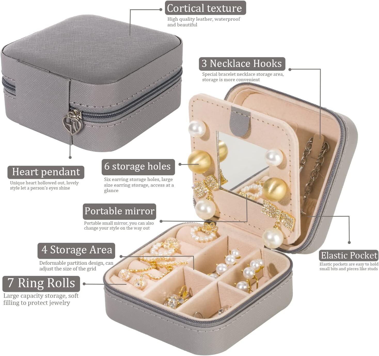 Grey Travel Jewelry Box with Mirror: Chic, Organised Storage for Rings, Necklaces & Earrings, Ideal for Aussies — image 4