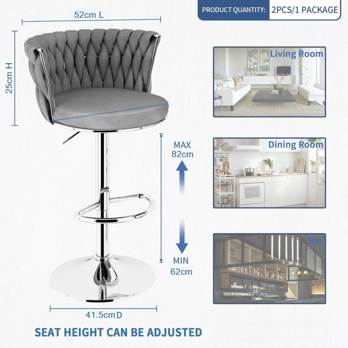 SERENITà Modern Silver Swivel Upholstered Velvet Adjustable Height Counter Stool with Metal Frame Grey (Set of 2) — image 6