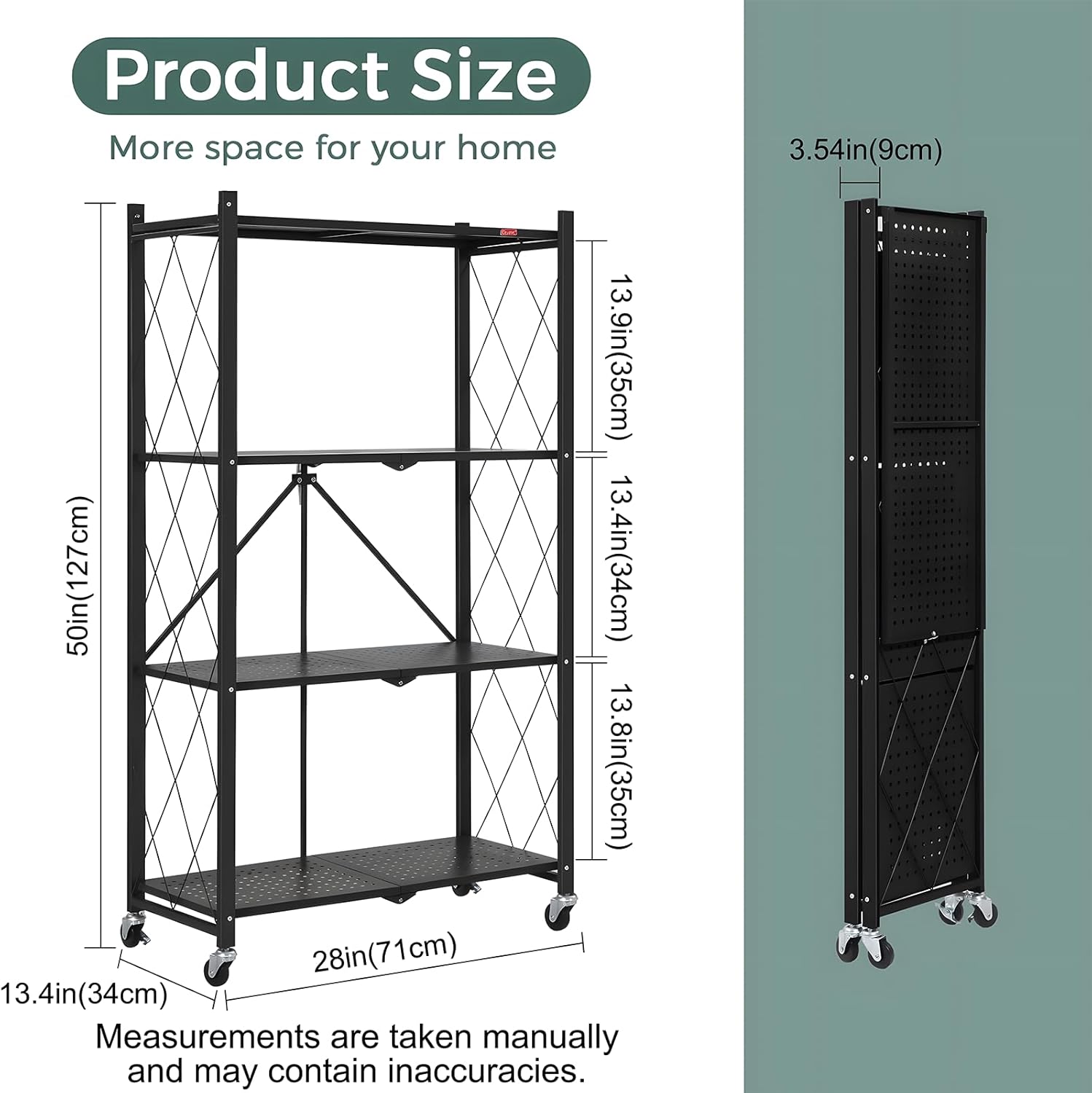 CARLA HOME 4-Tier Foldable Storage Shelf with Wheels for Kitchen, Garage, Pantry or Basement (Black) — image 3