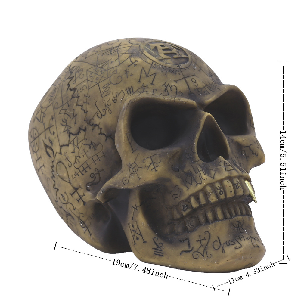 Mystic Runic Skull Statue with Gold Fang - Hand-Painted Resin Figurine for Gothic & Halloween Decor — image 4