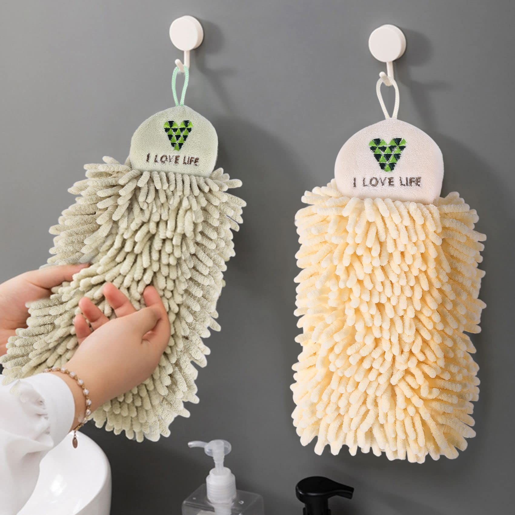 2 Pcs Towels Hanging Fuzzy Ball Hand Towels Chenille Hand Towels for Bathroom Hand Towels with Hanging Loops Beige and Light Green โ image 2