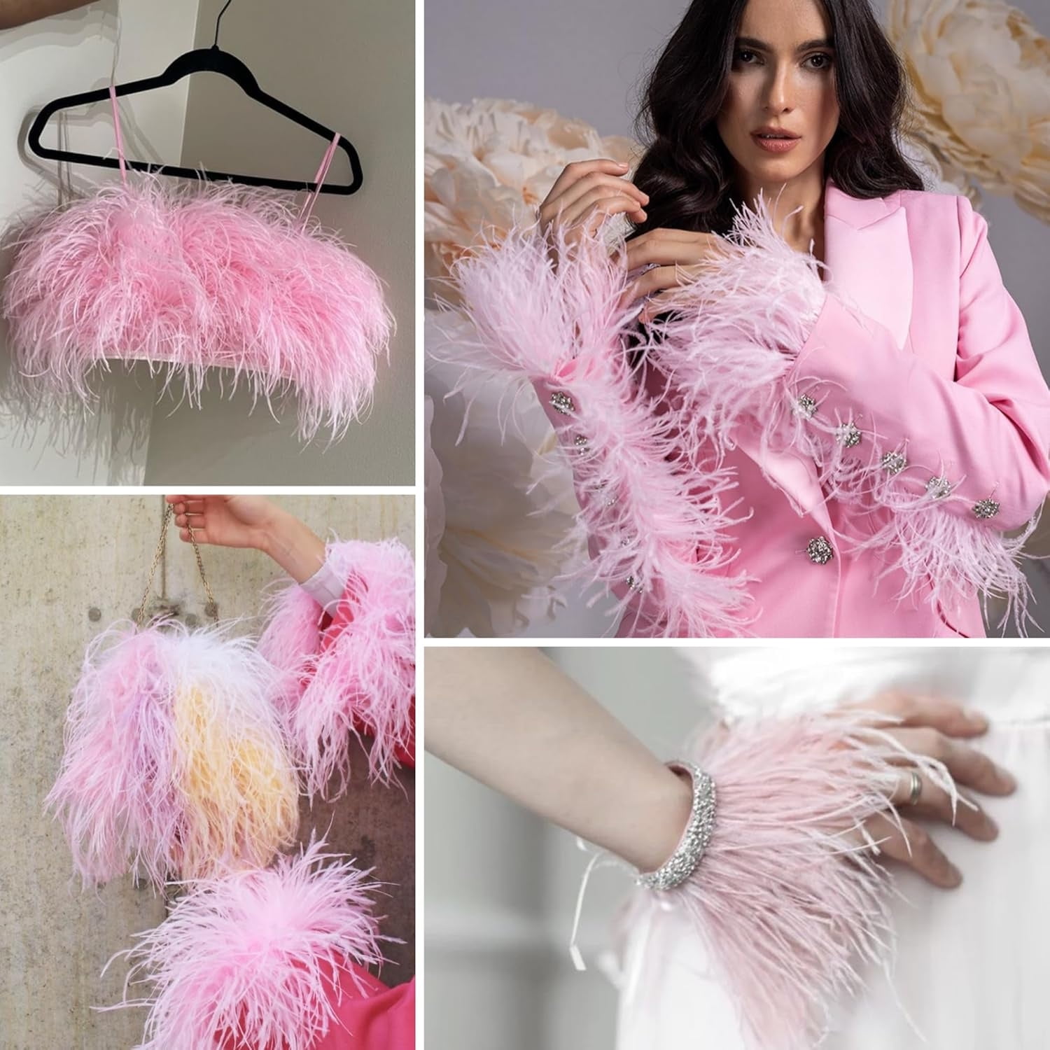 Black Ostrich Feathers Trim,78.7Inx3.15-4.3In Wide Ostrich Feathers Sewing Fringe Trim Ribbon for Latin,Masquerade Decoration Pink — image 3