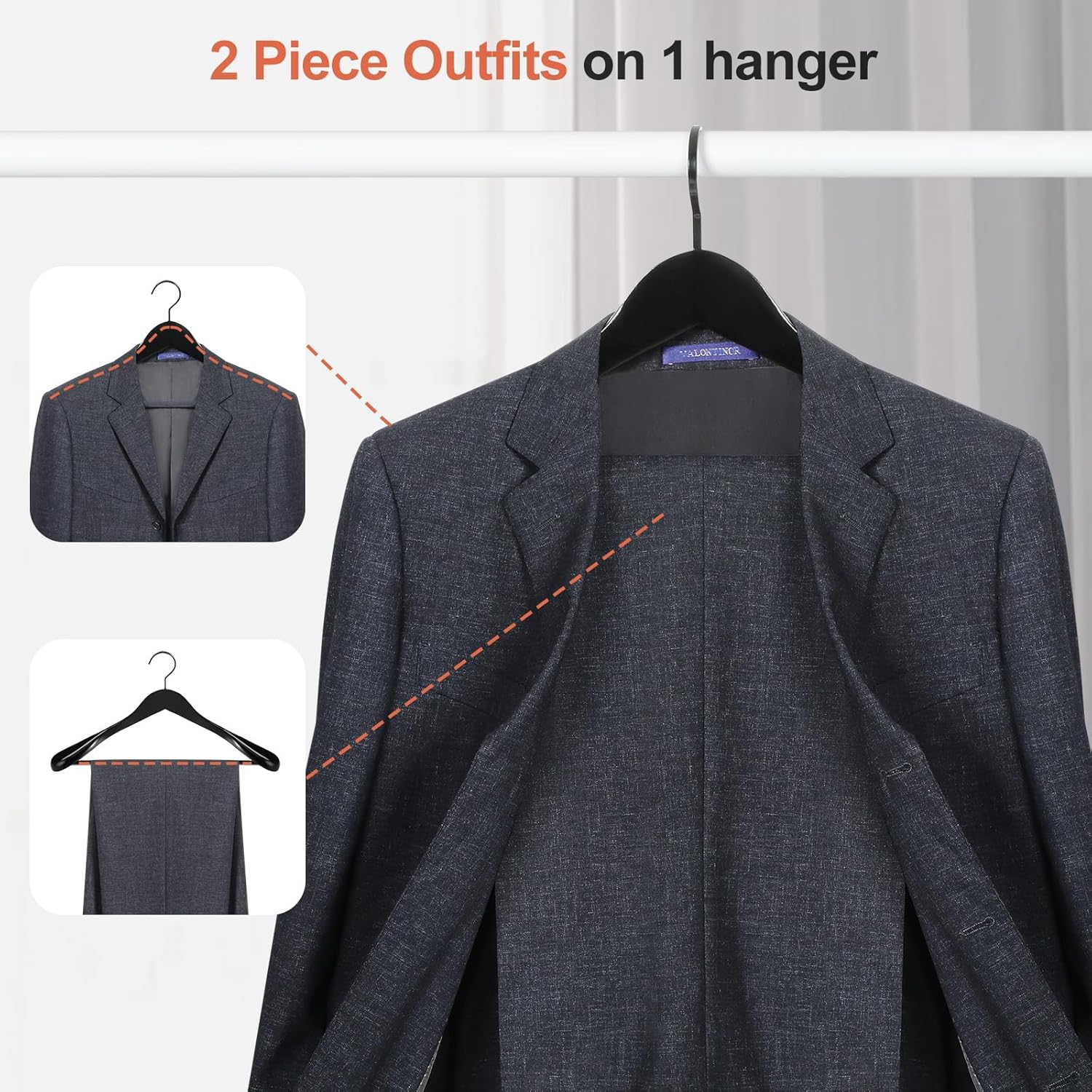 TOPIA HANGER Black Wooden Coat Hanger 6 Pack, Wide Shoulder Wood Suit Hangers with Extra-Thick Flat Hooks & Anti-Slip Pants Bar, Heavy Duty Clothes — image 5