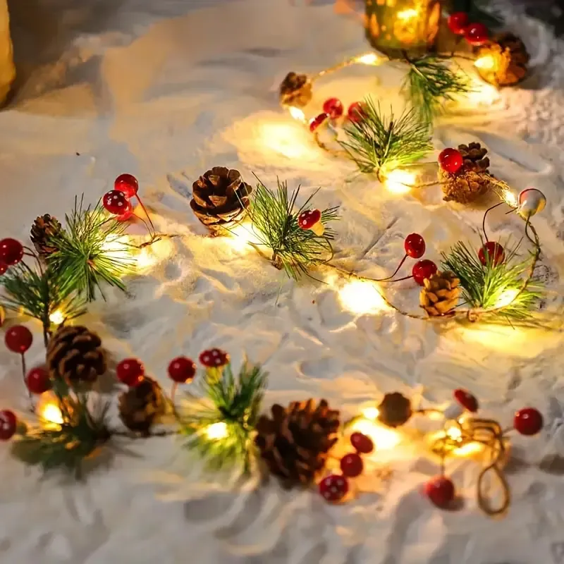 Christmas Forest-Style Decorative String Light | 200cm, 20 Warm White LEDs, Adorned with Pine Needles, Pinecones & Red Berries, Battery-Powered (Batteries Not — image 6