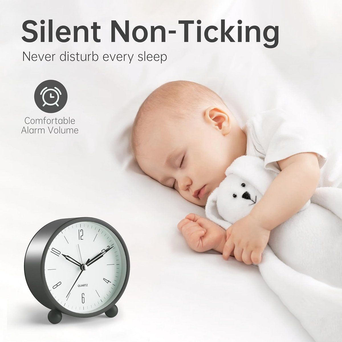 4-Inch Black Silent Analog Alarm Clock with Night Light, Compact Battery-Operated Bedside Clock — image 5