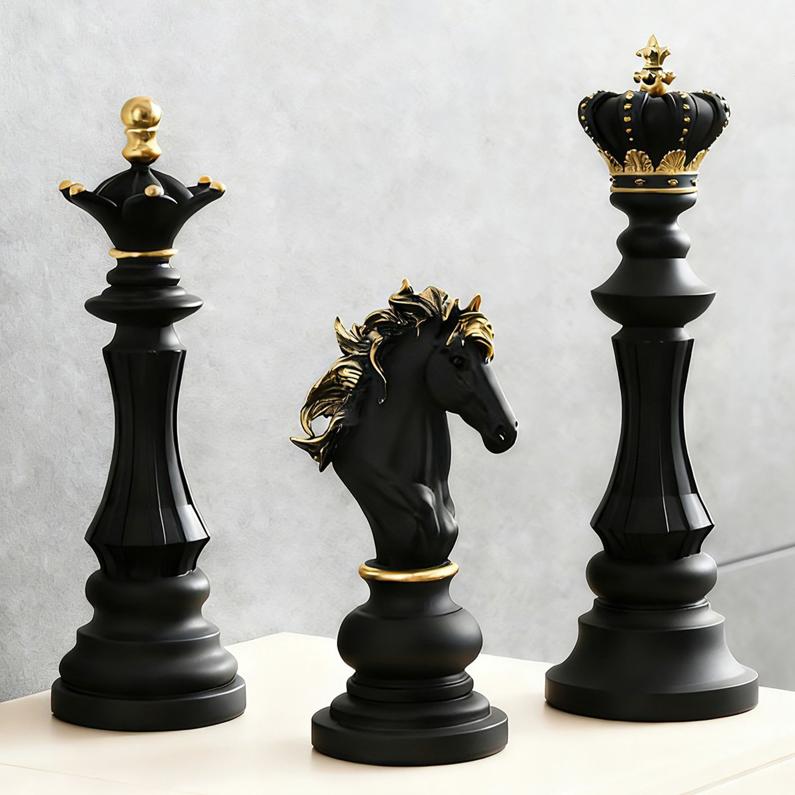 Luxury Resin Chess Piece Statues Set of 3 - King, Queen & Knight Horse Head Sculptures with Gold Trim - Classic Strategy Game Art Decor for Living Room, Study — image 3
