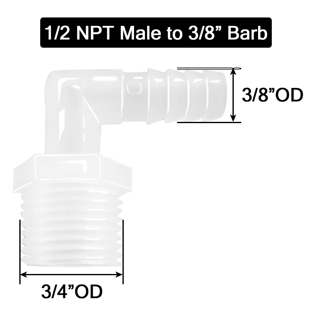 Plastic Hose Barb Fittings 90°Elbow 3/8" Hose Barb x 1/2" Male NPT Barbed Adapter Pipe Connectors Joint Splicer Mender Adapter Union (Pack of 5) — image 2