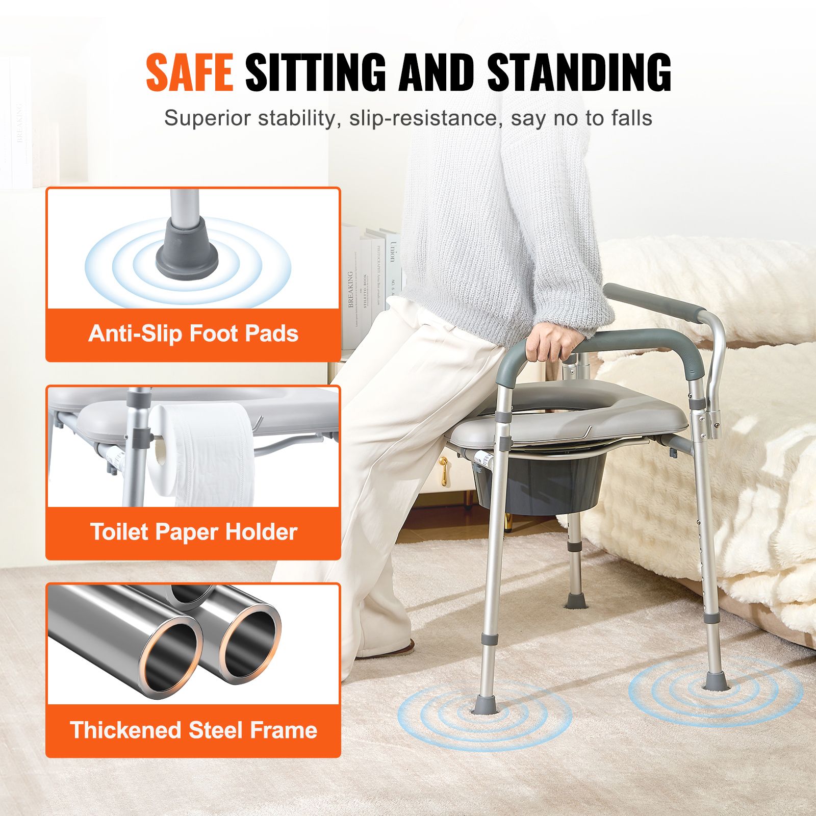 Commode Chair, Bedside Commode with Padded Seat and Arms, 7-Level Adjustable Height, 5.8L Removable Bucket, Easy to Assemble, 350 LBS Capacity, Raised Toilet — image 3