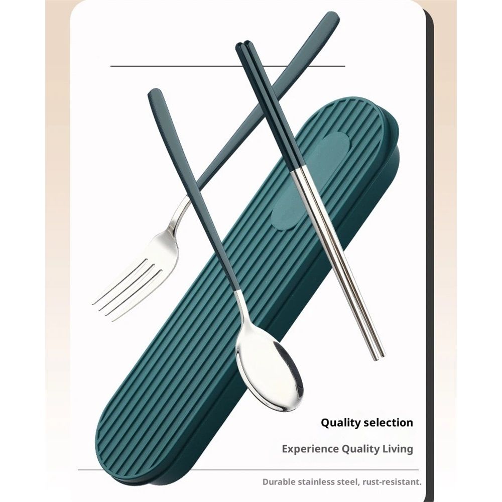 Travel Utensils, Stainless Steel Portable Reusable Camping Silverware Cutlery Flatware Set, 4-Piece Include Fork Spoon Chopsticks with Case (Dark Green) — image 5