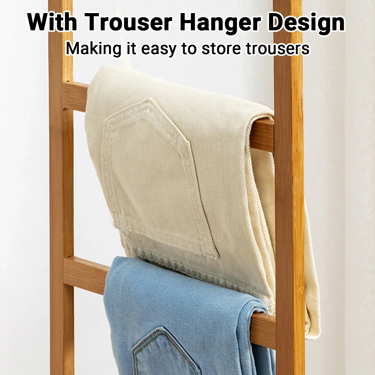 Simple Bamboo Standing Clothes Rack with 6Hooks Freestanding Garment Organizer — image 4