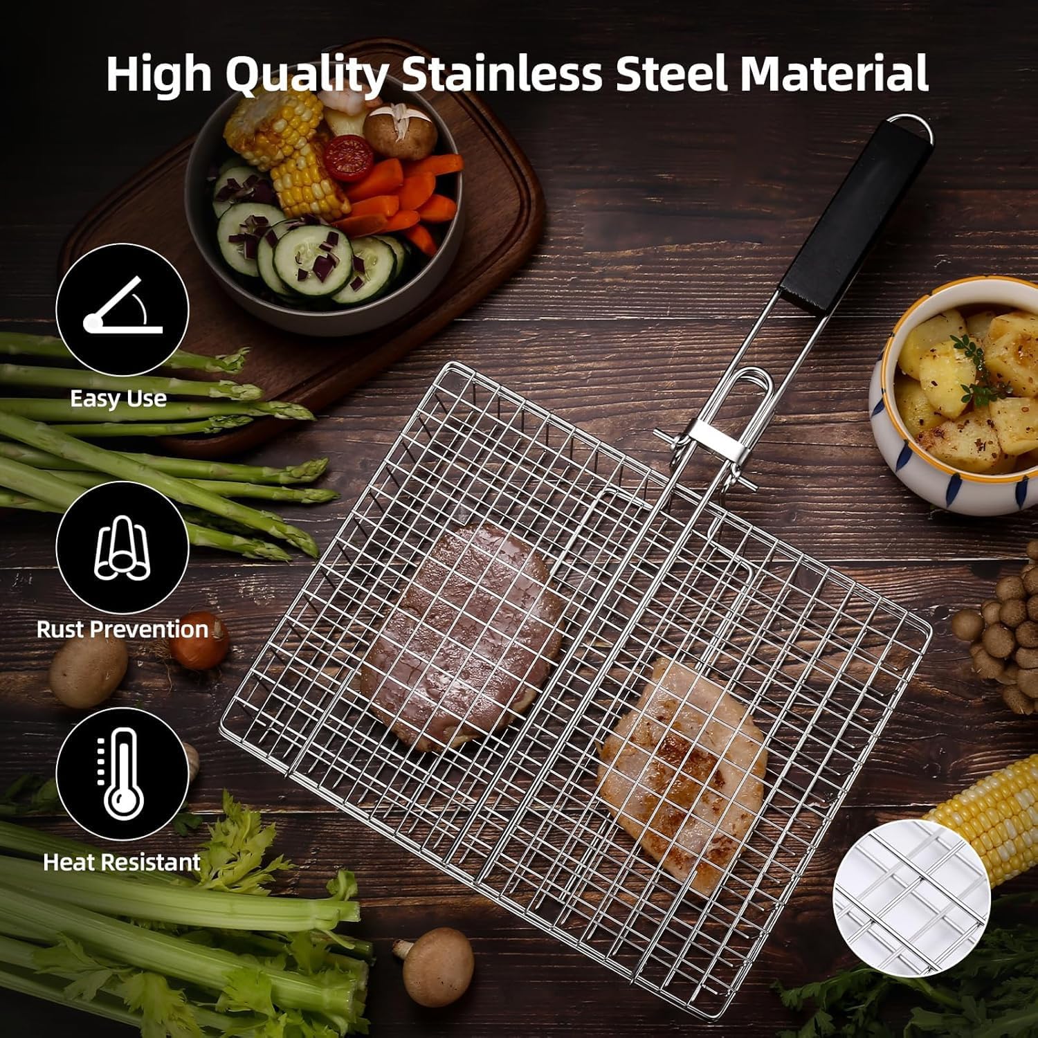 Fish Grilling Basket, Folding Portable Stainless Steel BBQ Grill Basket for Fish Vegetables Shrimp with Removable Handle, with Basting Brush and Storage Bag — image 2