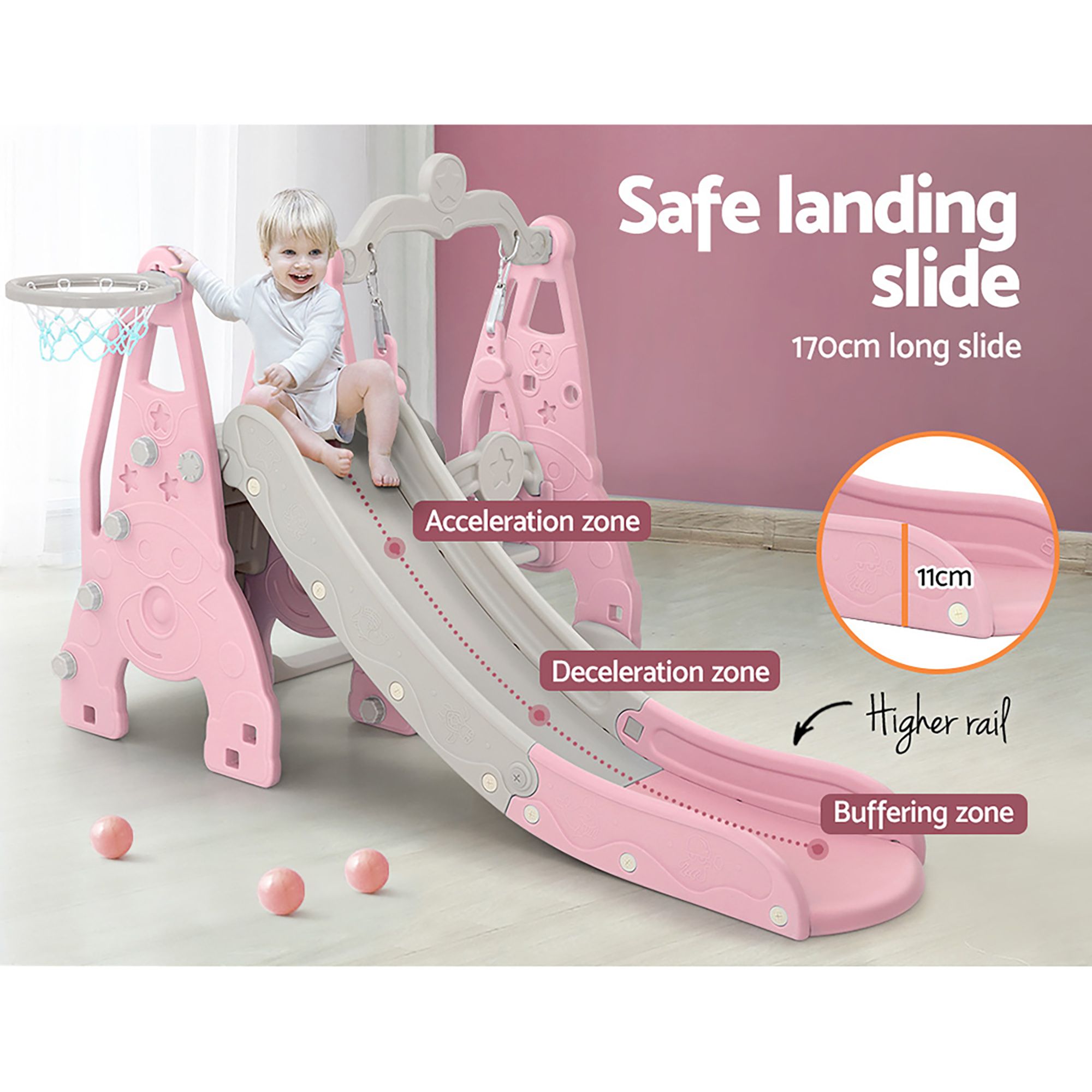 Keezi Kids Slide Swing Set Basketball Hoop Outdoor Playground Toys 170cm Pink — image 6
