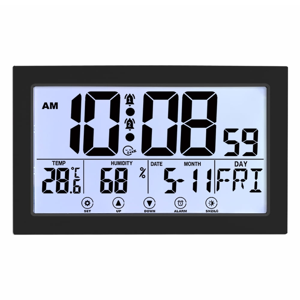 Auto Set Digital Wall Clock Battery Operated,Desk Clocks with Temperature,Humidity , Display Digital Calendar Alarm Clock for