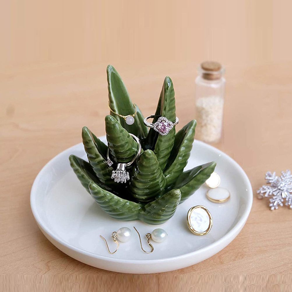 Ceramic Ring Holder Aloe Ring Dish Jewelry Holder Rings Bracelets Earrings Green Succulent Trinket Tray Gift for Women Girls — image 6