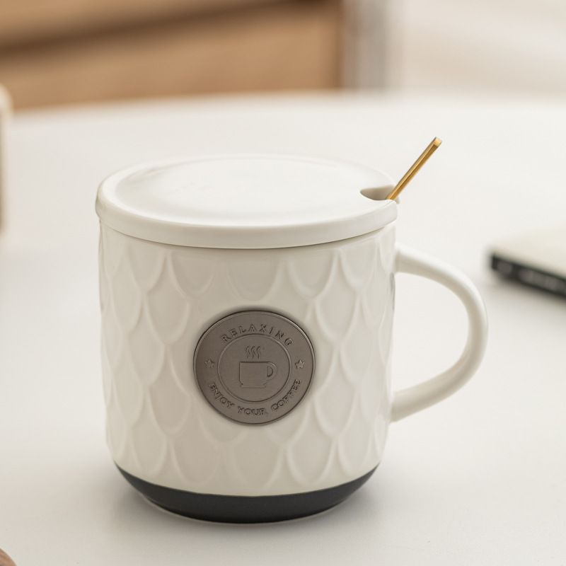 Copper Plate Embossed Ceramic Coffee Mug - Large 500ml Tea Cup with Lid Spoon Gift Box - Retro Bronze Decoration Water Cup - Peacock White โ image 2