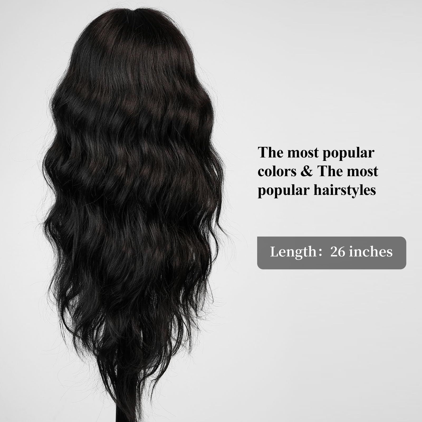 Black Wig with Bangs for Women Long Wavy Hair Wig Black Wig Curly Wavy Synthetic Wigs for Girls Daily Party Use — image 3
