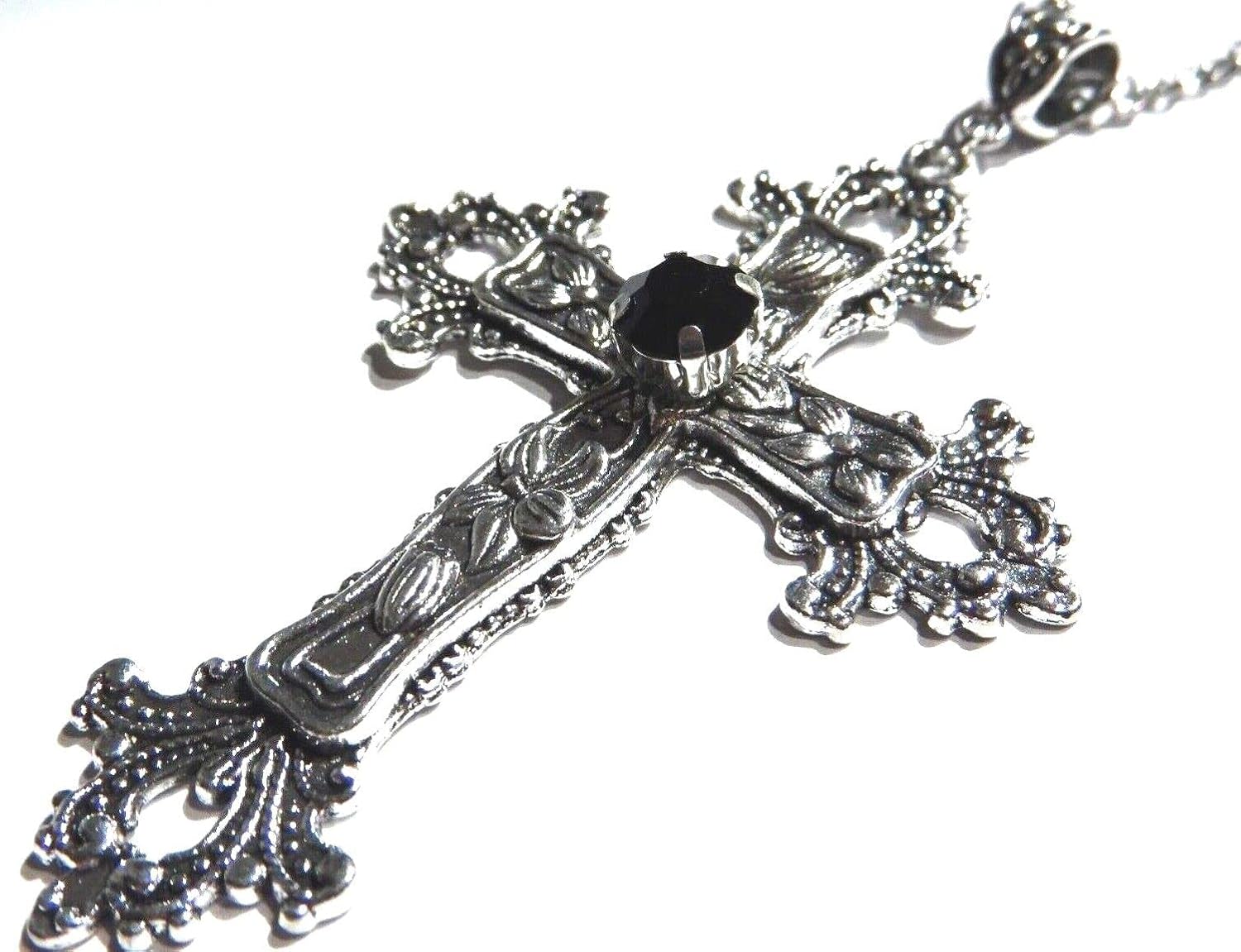 Large Gothic Cross Necklace silver-tone pendant with glass stone, on 24" steel chain…
