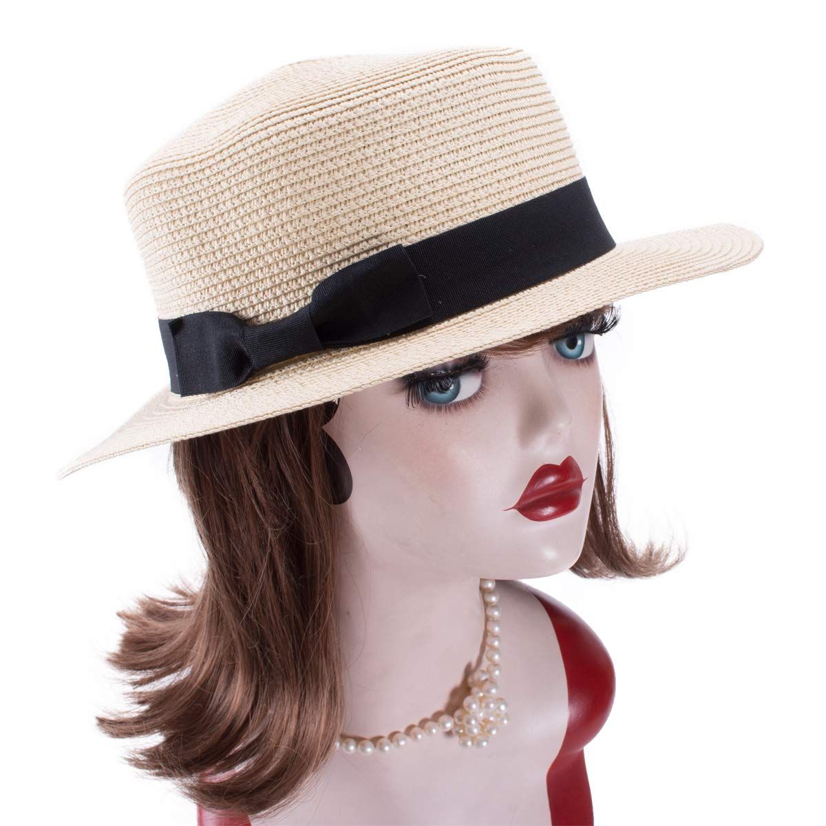 Straw Boater Hat Foldable Packable Beach Hat for Summer Tea Party Sun Hats for Women Bowknot Wide Brim Cap — image 3
