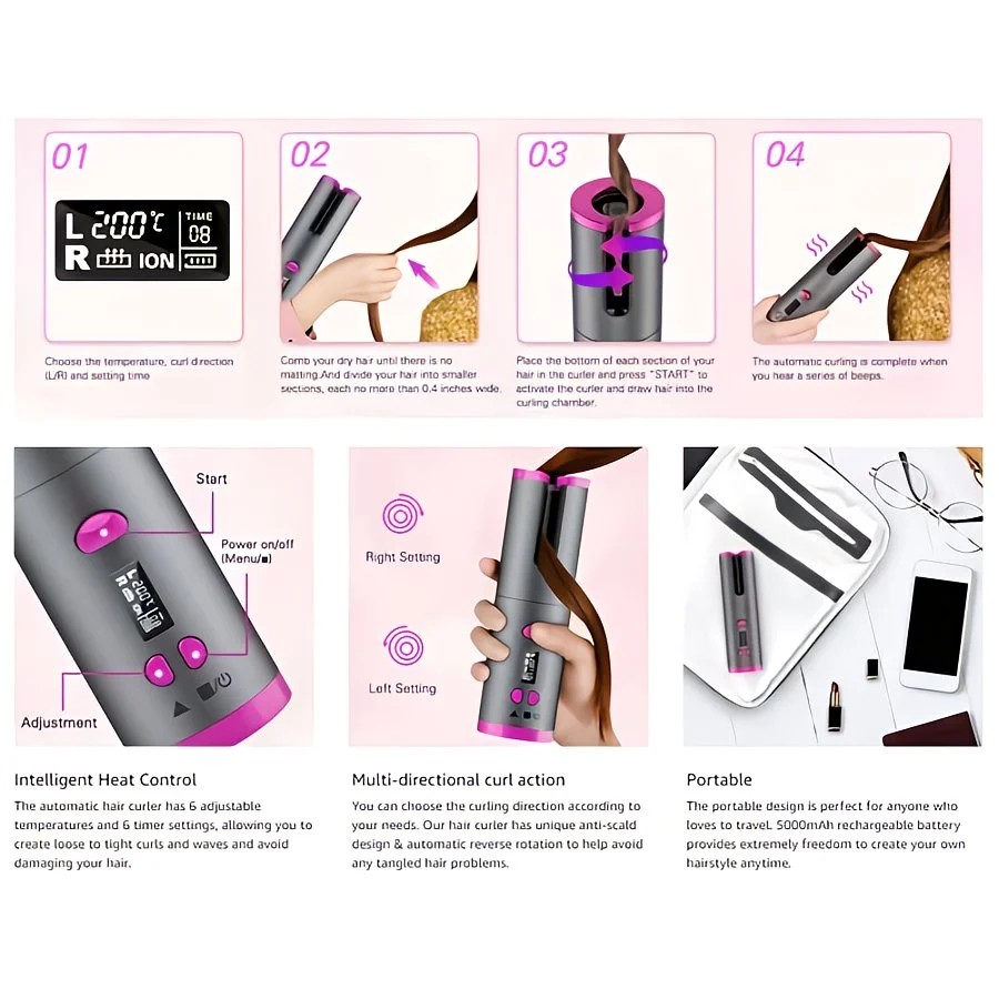 Gray gold Automatic Hair Curling Wand, Tangle-Free Design, Portable USB Charging Rotating Curling Iron with Ceramic Barrel, Suitable for Long Hair, Fast, Ideal — image 3