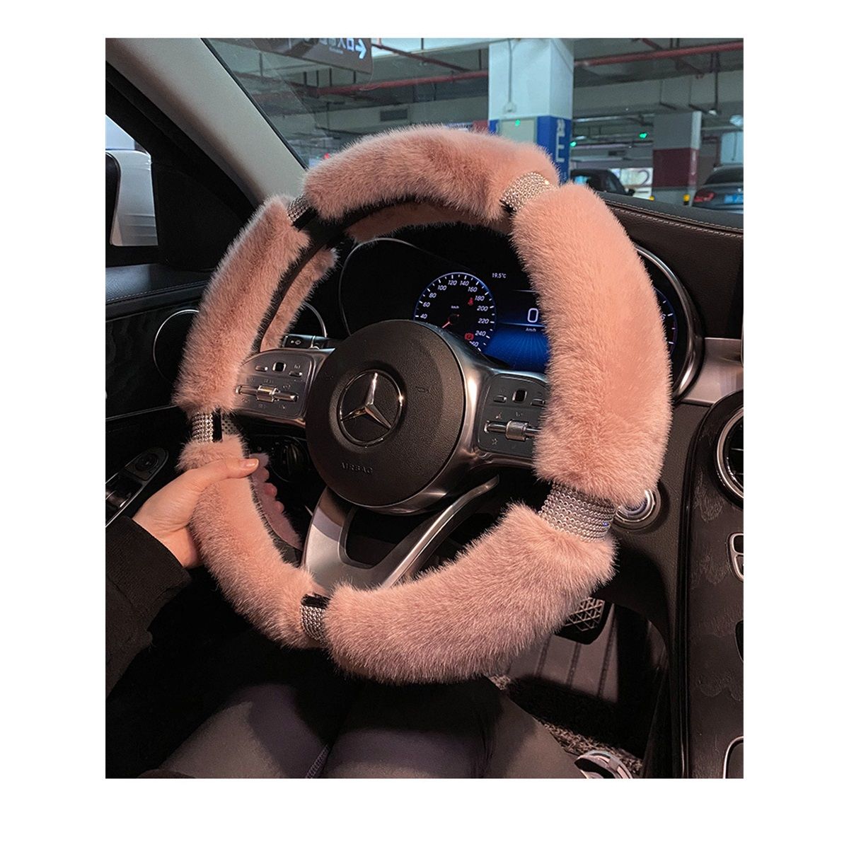 Fluffy Microfiber Plush Steering Wheel Cover with Bling Crystal Rhinestones for Winter Warm, Universal 15 inch Fuzzy Steering Wheel Cover,pink โ image 5