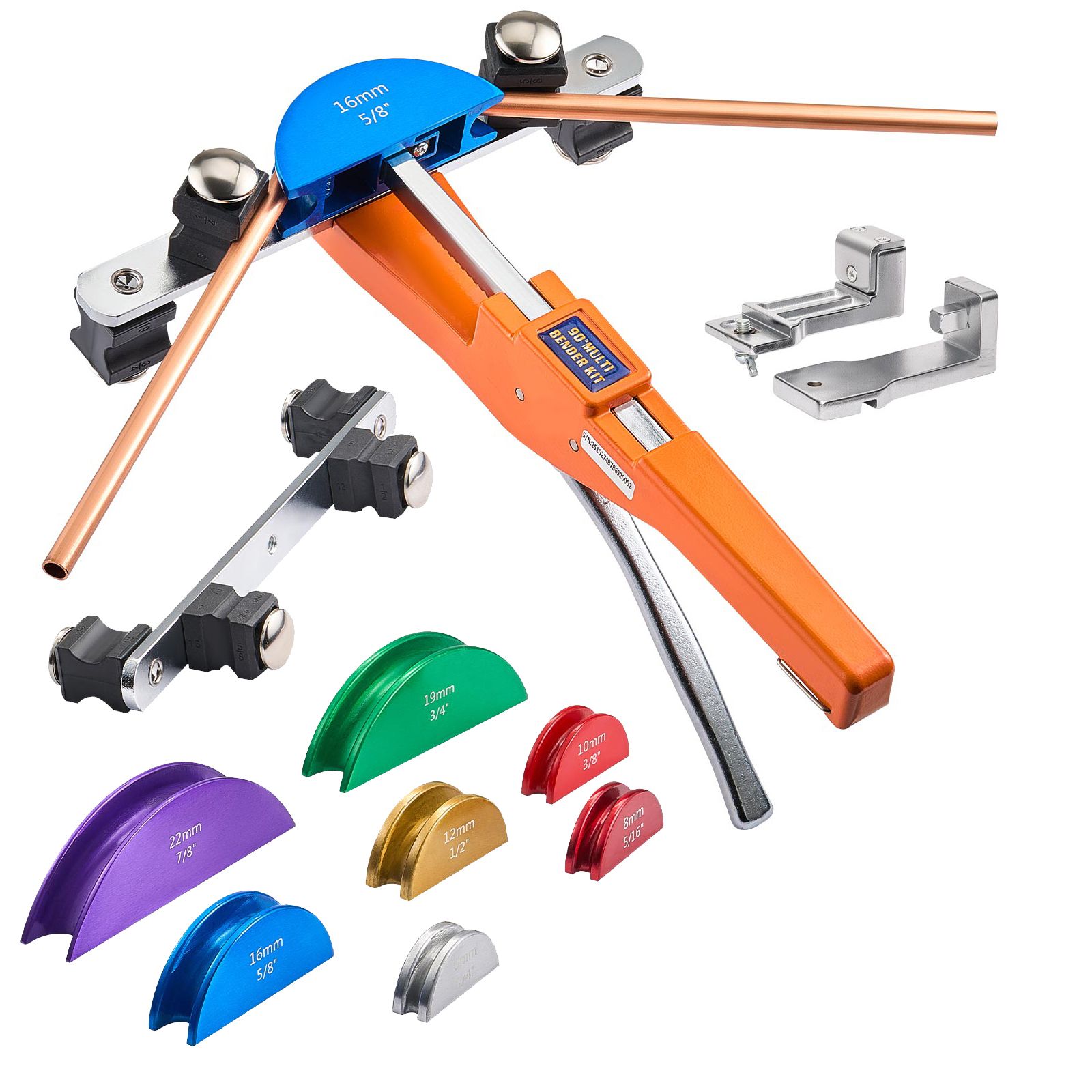 Tubing Bender Kit, 6 mm to 22 mm, Compact Ratcheting Tube Pipe Bender, Forward/Reverse Hand Bending Tool, with 7 Color Aluminium Alloy Dies, for Copper HVAC