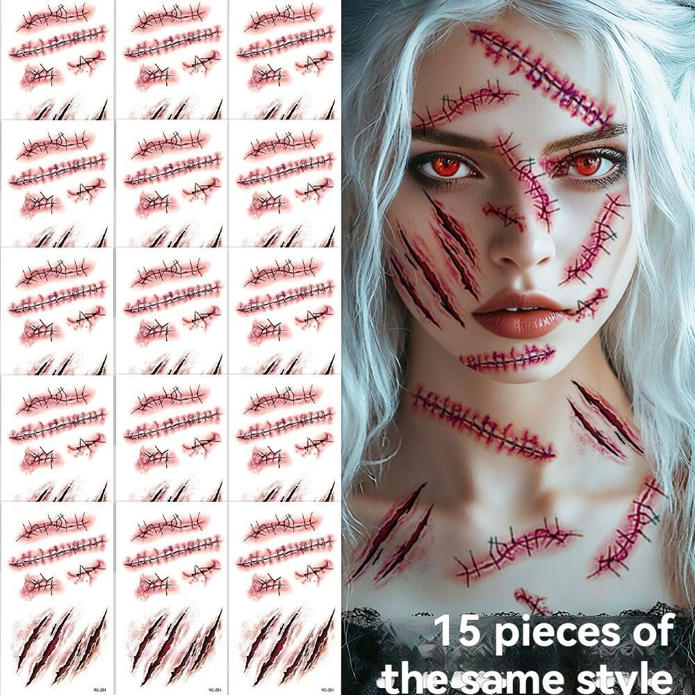 Halloween Tattoos 3D Temporary Tattoos Fake Wound Stickers Blood Wounds - Red - Size scarB-12pcs โ image 6