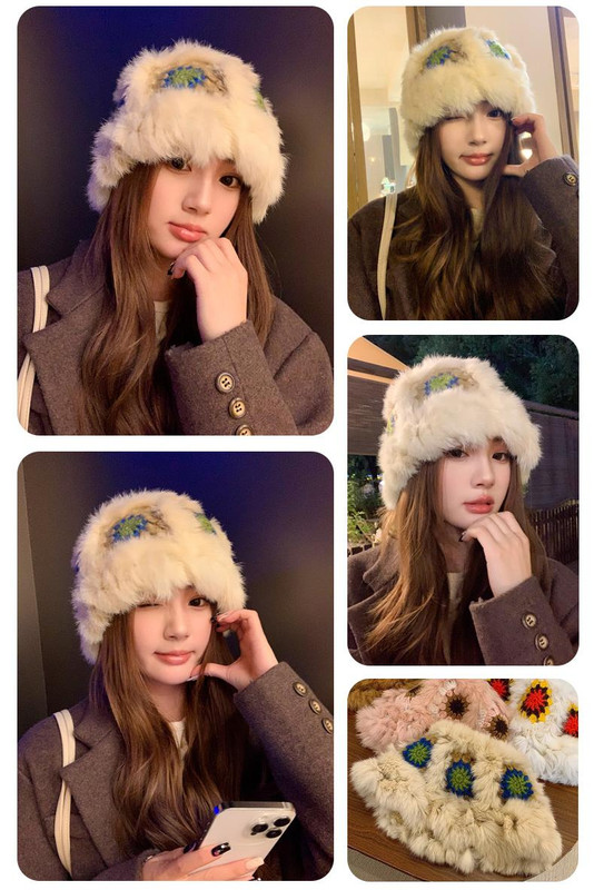 Plush Floral Bucket Hat, Warm Crocheted Winter Hat in Khaki-Hat circumference: 56-60cm โ image 3
