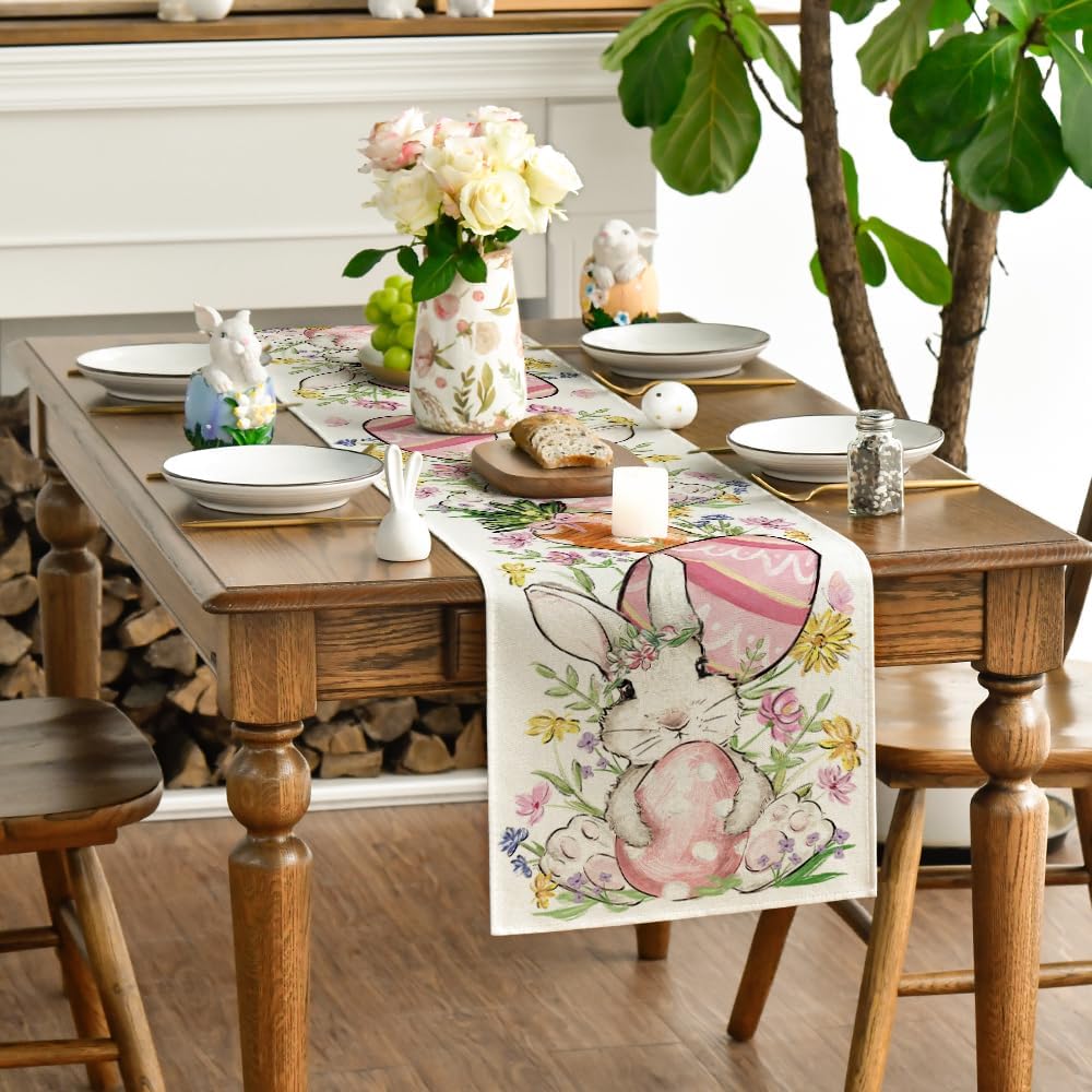 Bunny Rabbit Egg Flower Easter Table Runner, Seasonal Spring Kitchen Dining Table Decoration for Home Party Decor 13 × 72 Inch — image 3