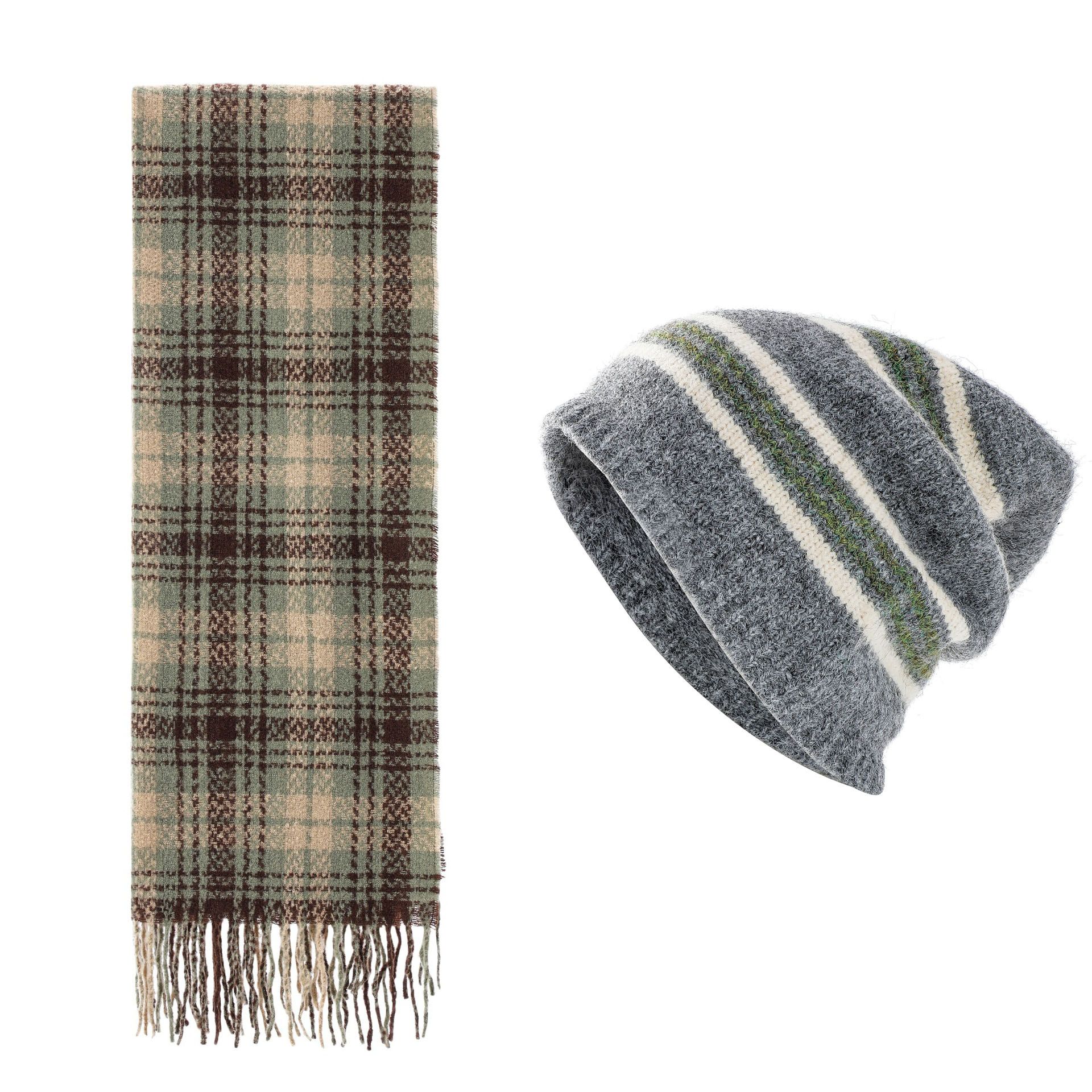 Striped Wool-Blend Beanie & Plaid Fringed Scarf Set — Soft Knit Hat (36 × 26 cm) and Oversized Shawl (200 × 65 cm); A Must-Have for Christmas and Cold Weather