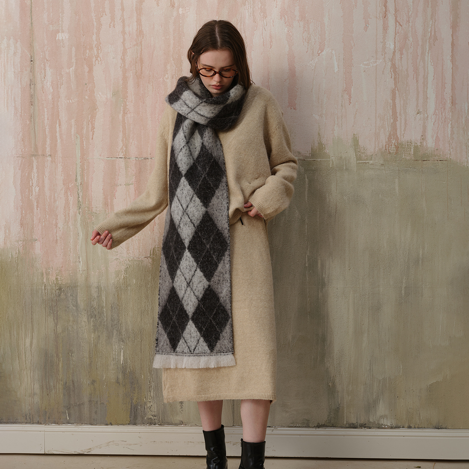 (Black+Grey)Two-Tone Argyle Pattern Scarf - Ladies' Warm Fashion Neckwear, 210x33cm โ image 2
