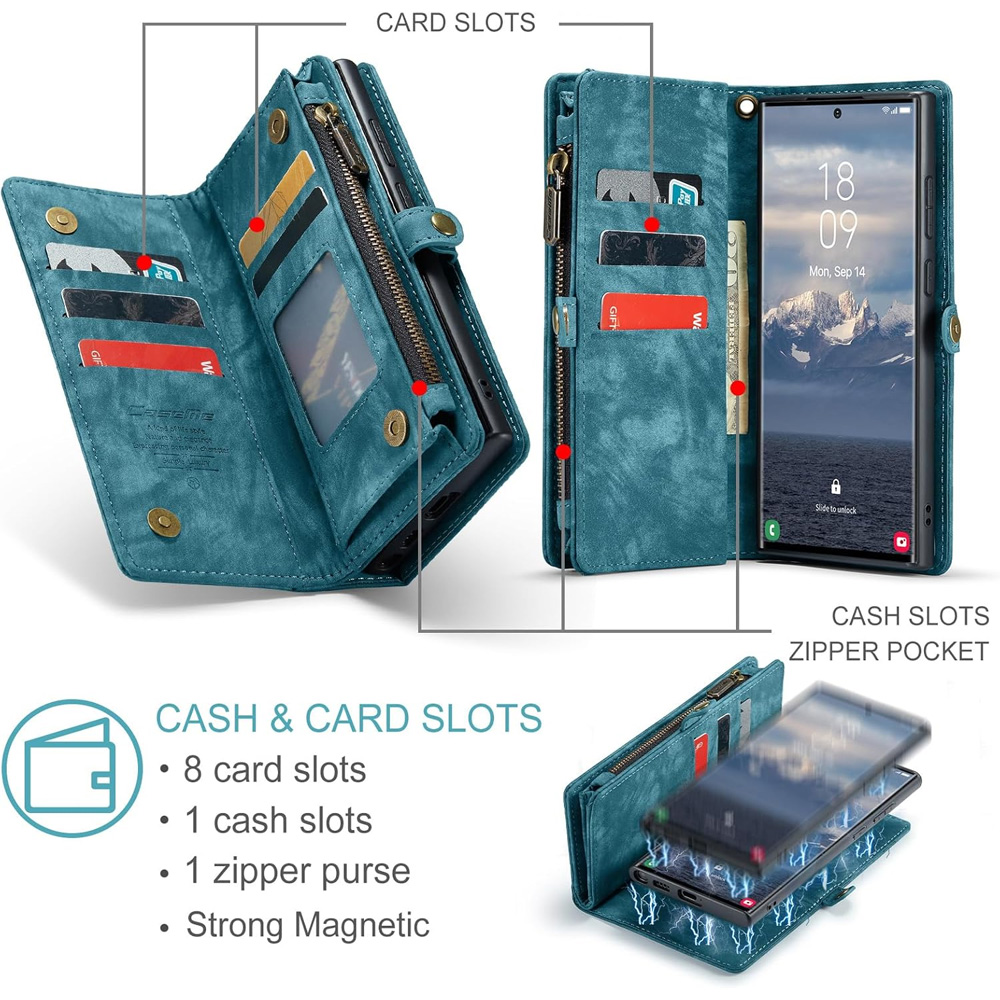 2-in-1 Detachable Wallet Case for Samsung S25, Retro Leather Flip Case with Card Holder & Magnetic Zipper Black โ image 2