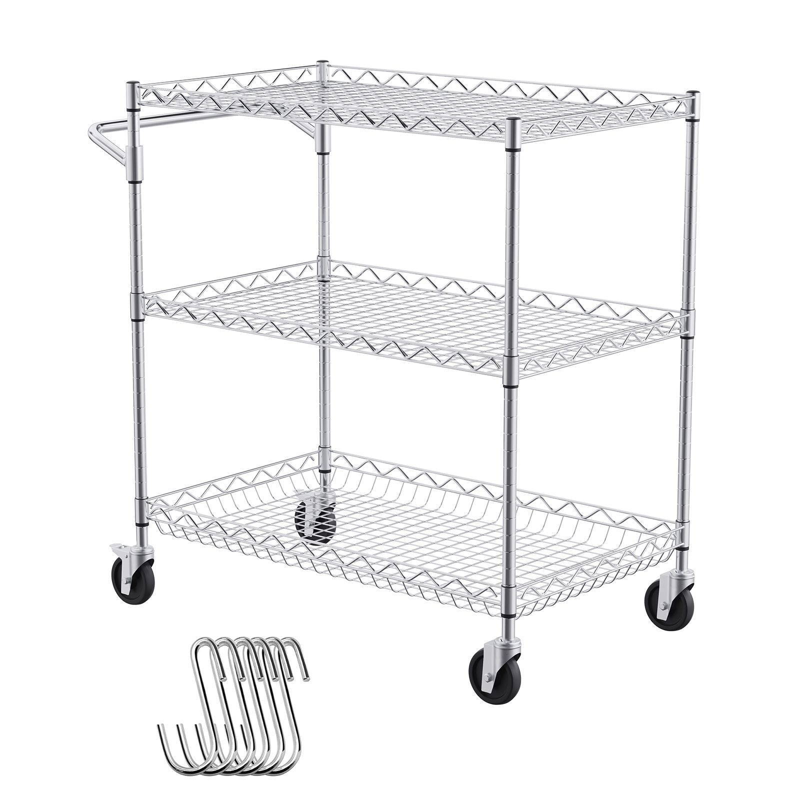 Kitchen Utility Cart, 3 Tiers, Wire Rolling Cart with 300kg Capacity, Steel Service Cart on Wheels, Metal Storage Trolley with 80mm Deep Basket Curved Handle 6