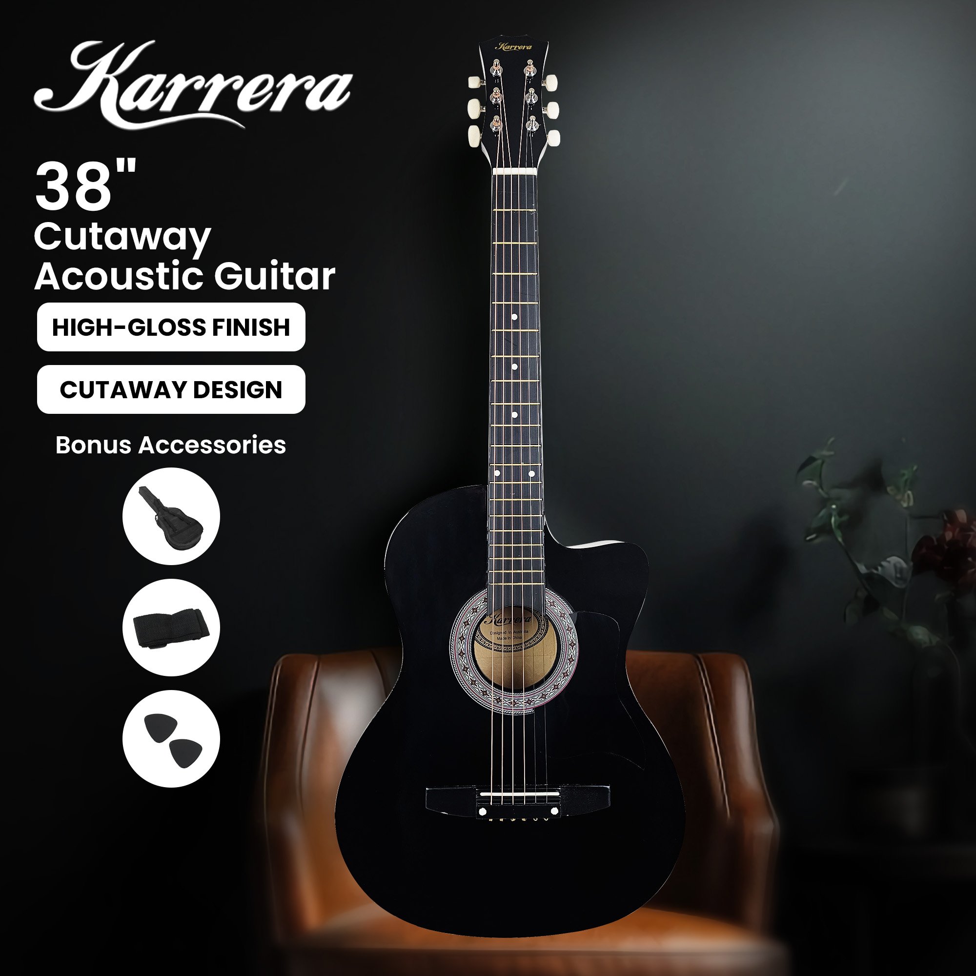 Karrera 38in Cutaway Acoustic Guitar with guitar bag - Black โ image 2