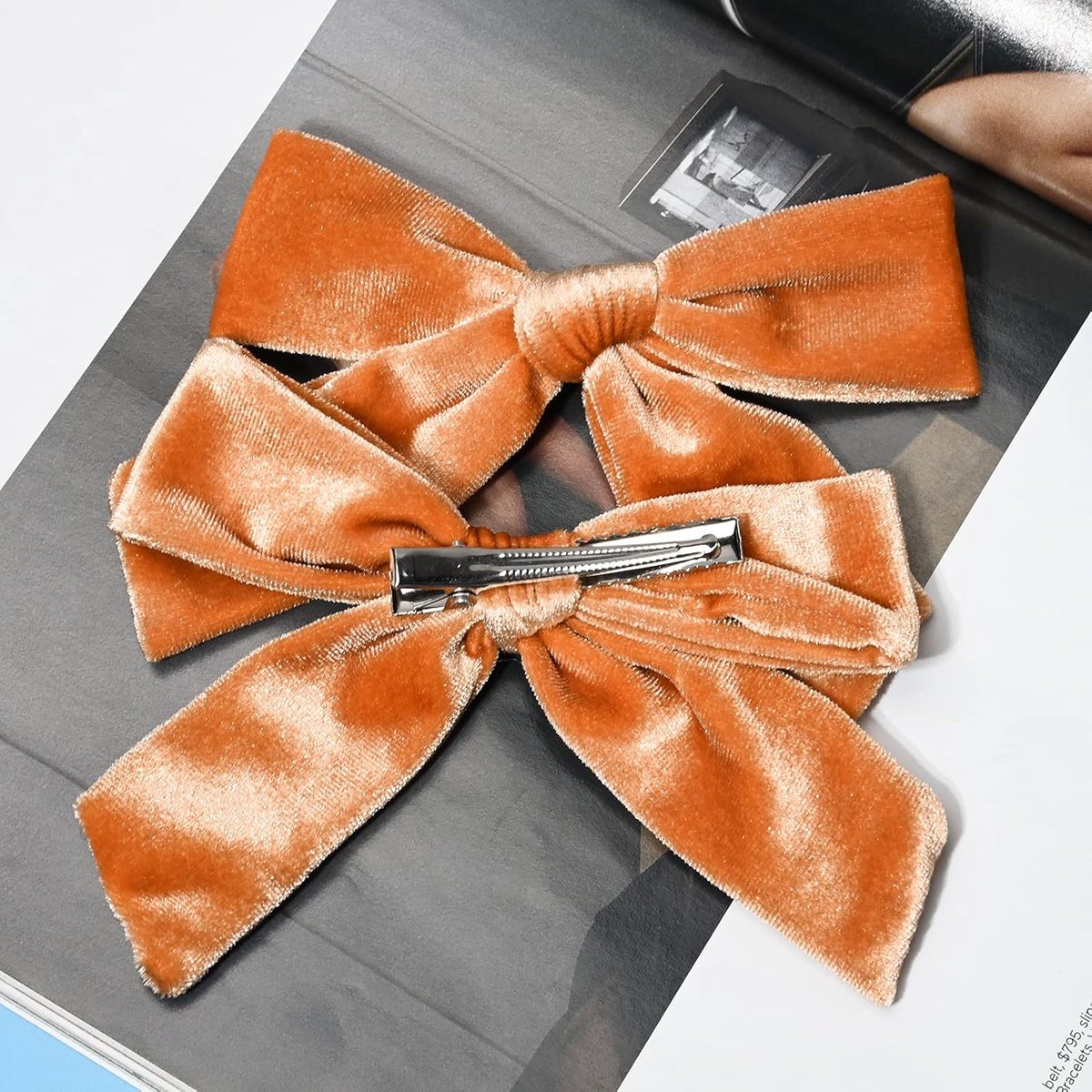 Hair Bows for Girls – 4.5 inch Velvet, Orange-Brown, Autumn/Winter — image 3