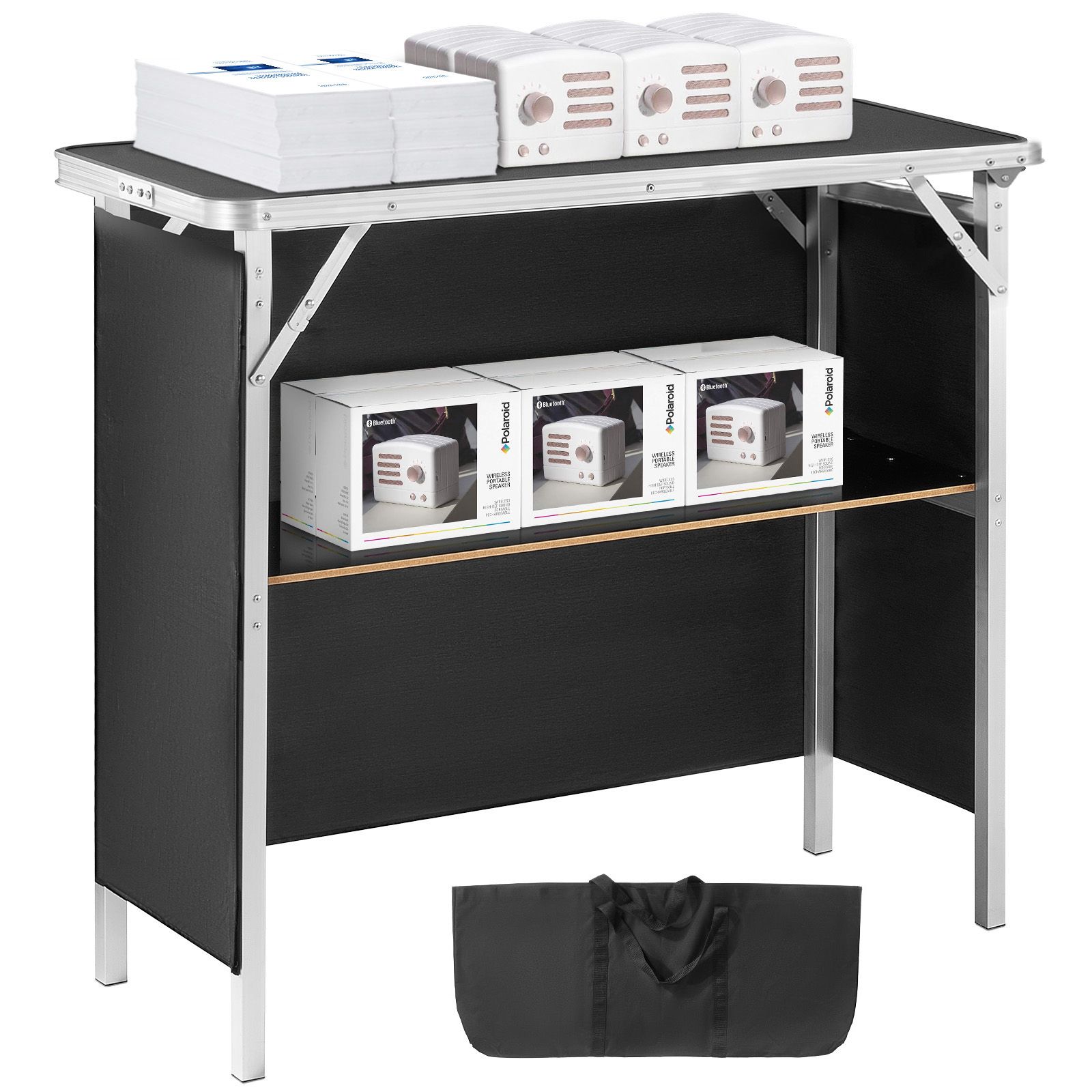Folding Portable Bar Table, Tradeshow Podium Table for Indoor, Outdoor, Party, Picnic, Exhibition, Includes Carrying Case, Storage Shelf and Black Skirt
