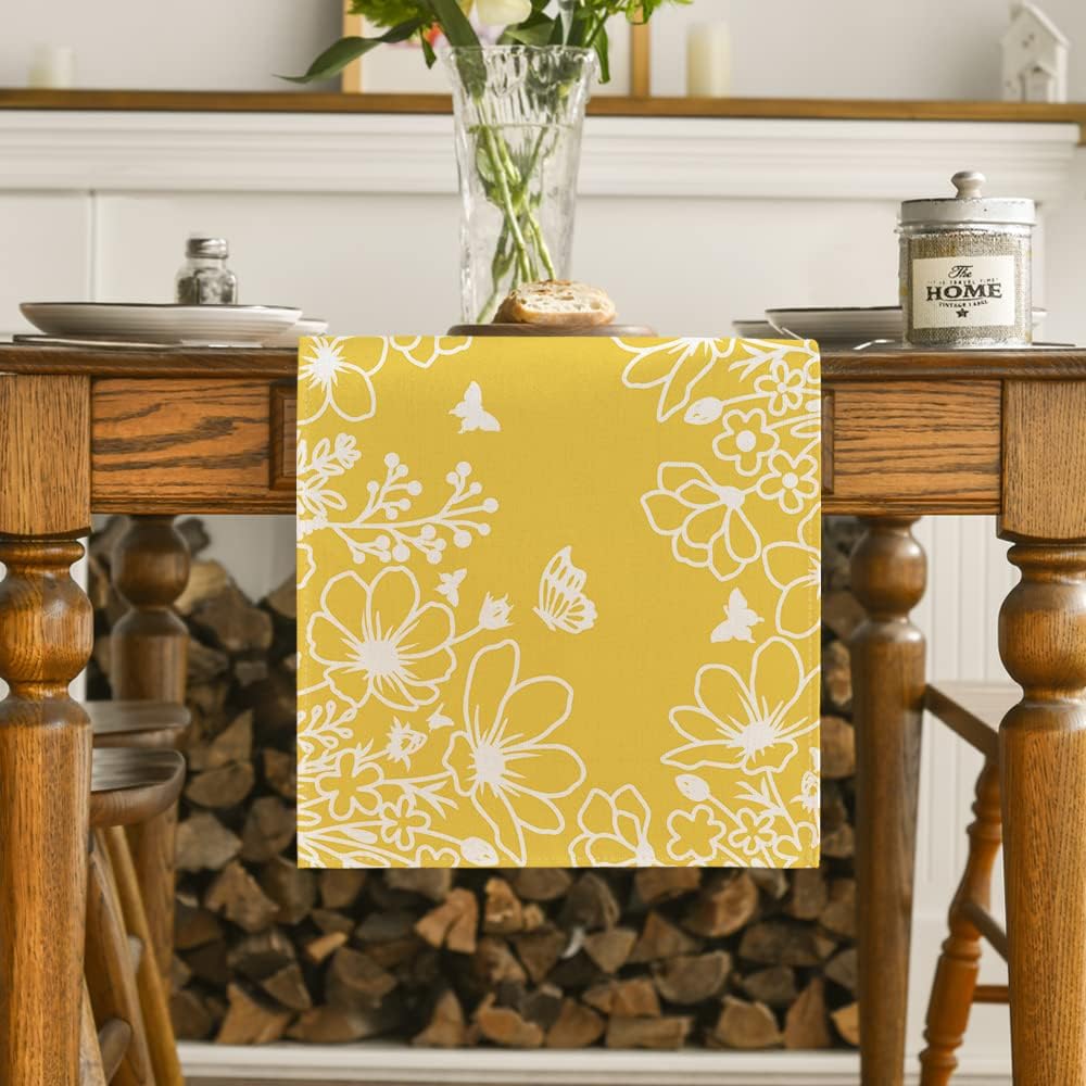 Yellow Bloom Flowers Butterfly Spring Table Runner, Seasonal Holiday Kitchen Dining Table Decoration for Home Party Indoor 13 × 72 Inch — image 2