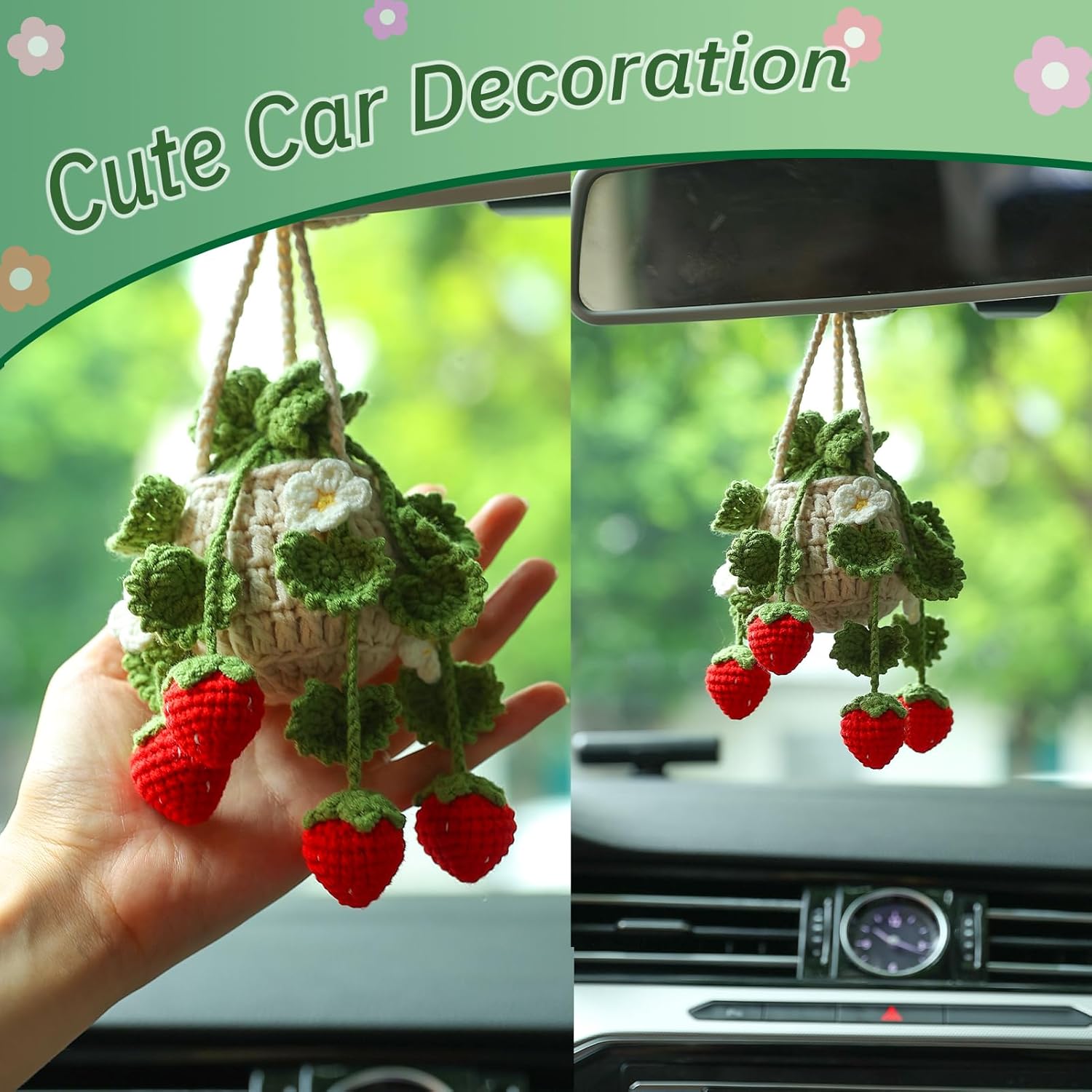 Crochet Hanging Plant for Car,Car Decorations Interior,Plant Strawberry Aesthetic Car Accessories for Women Interior Cute,Car Ornaments Charms for Rear View — image 2